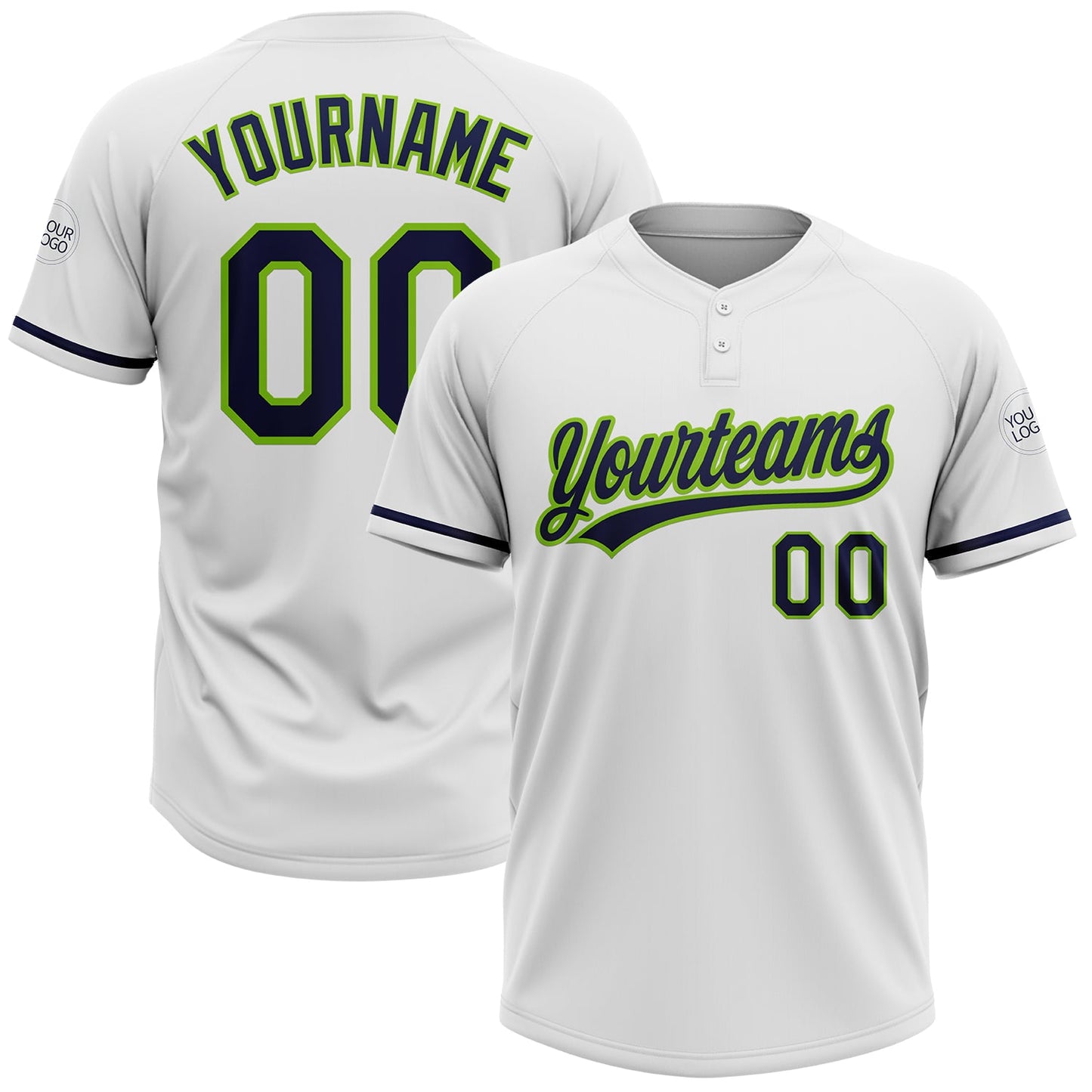 Custom White Navy-Neon Green Two-Button Unisex Softball Jersey - Main View