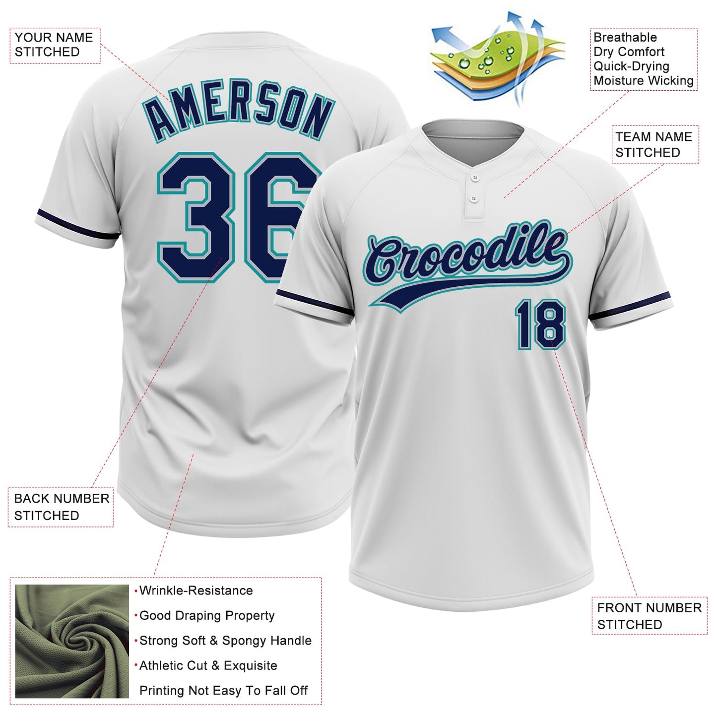 Custom White Navy Gray-Teal Two-Button Unisex Softball Jersey view 3