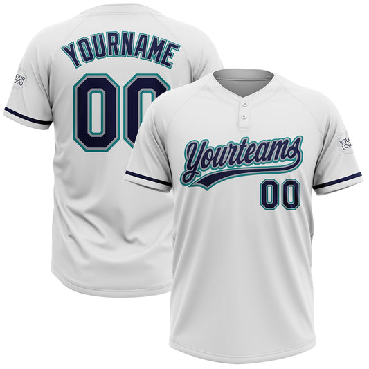 Custom White Navy Gray-Teal Two-Button Unisex Softball Jersey - Main View