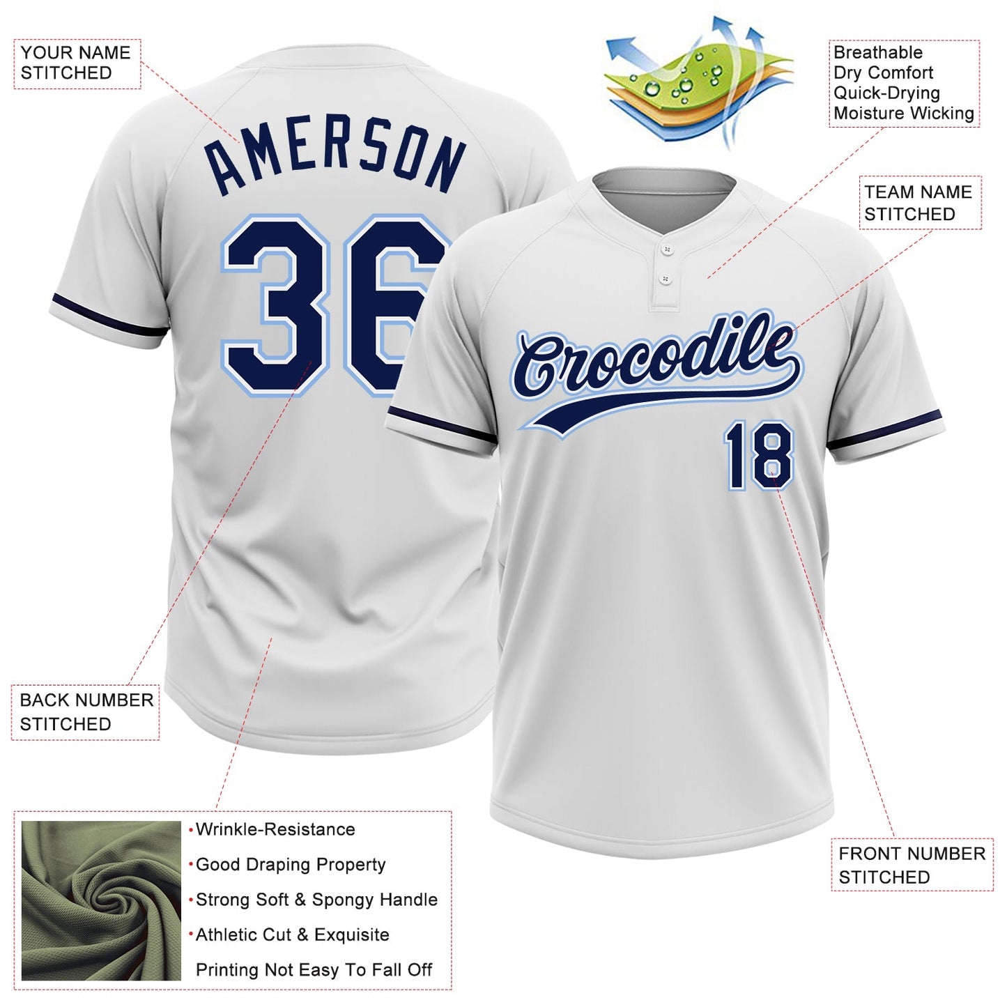 Custom White Navy-Light Blue Two-Button Unisex Softball Jersey view 3