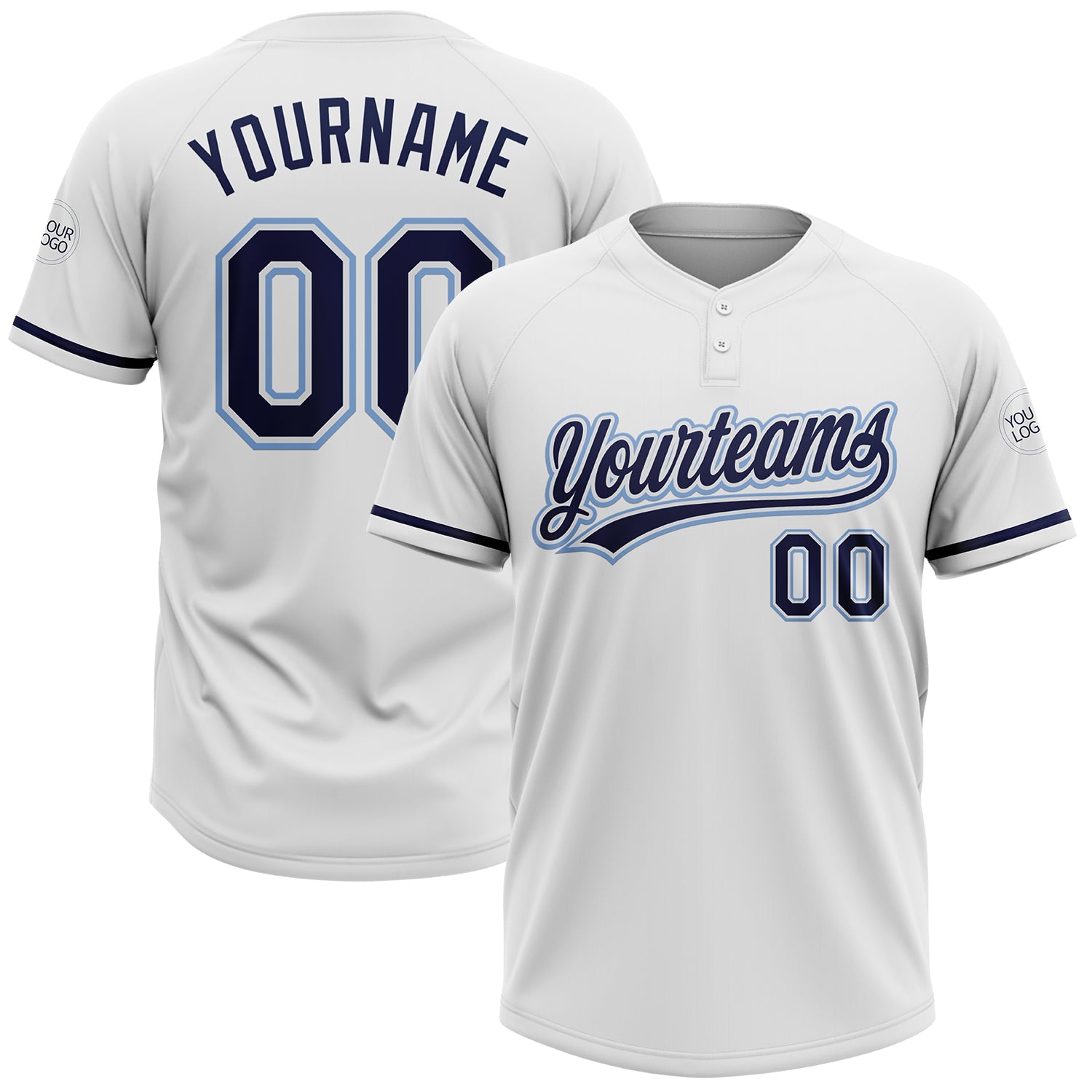 Custom White Navy-Light Blue Two-Button Unisex Softball Jersey - Main View