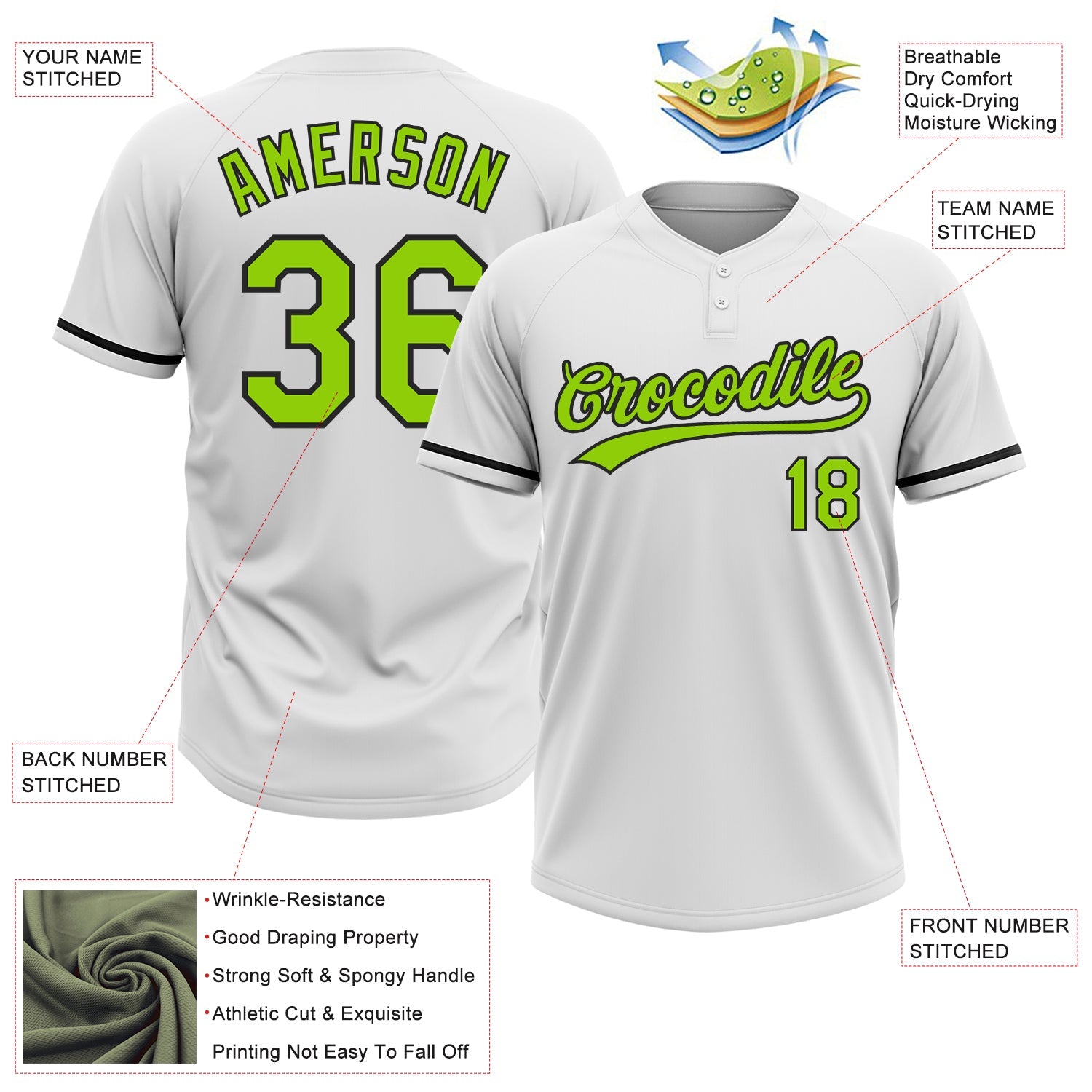 Custom White Neon Green-Black Two-Button Unisex Softball Jersey view 3