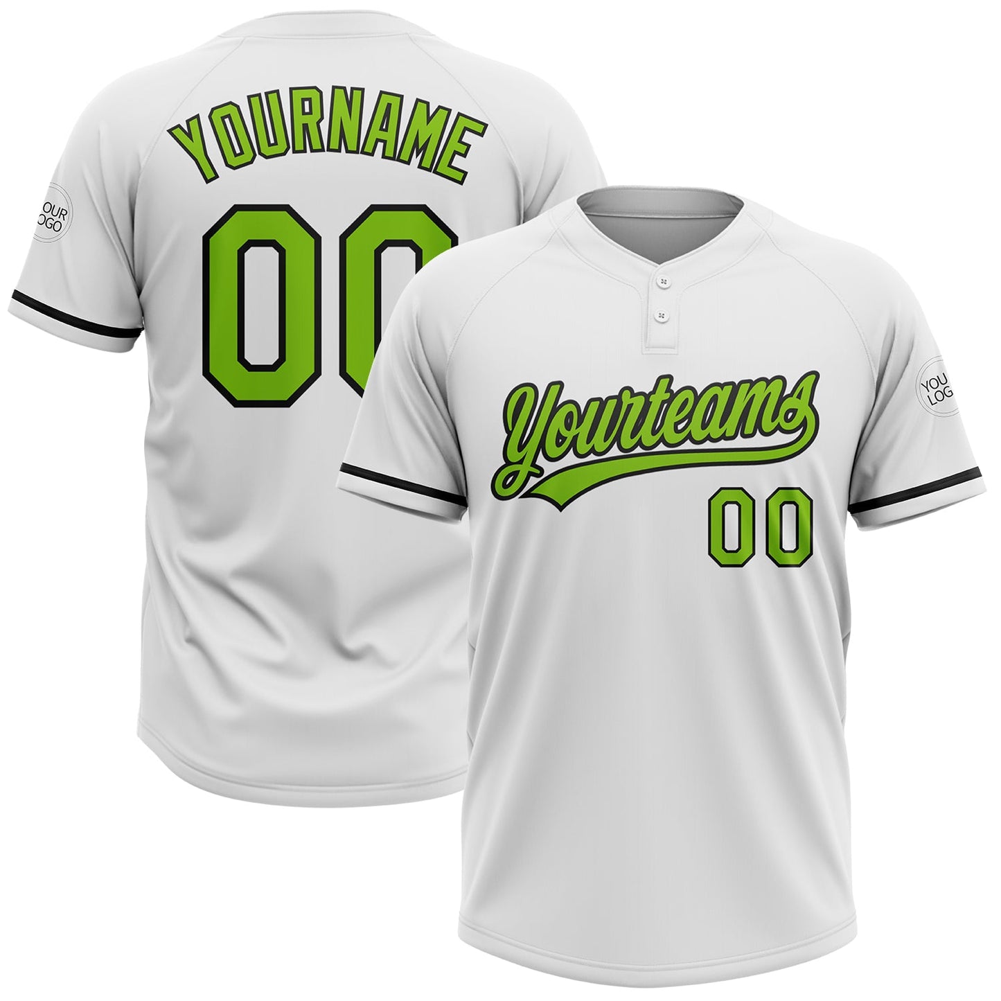 Custom White Neon Green-Black Two-Button Unisex Softball Jersey - Main View