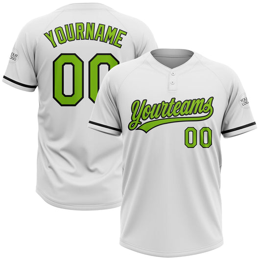 Custom White Neon Green-Black Two-Button Unisex Softball Jersey - Main View