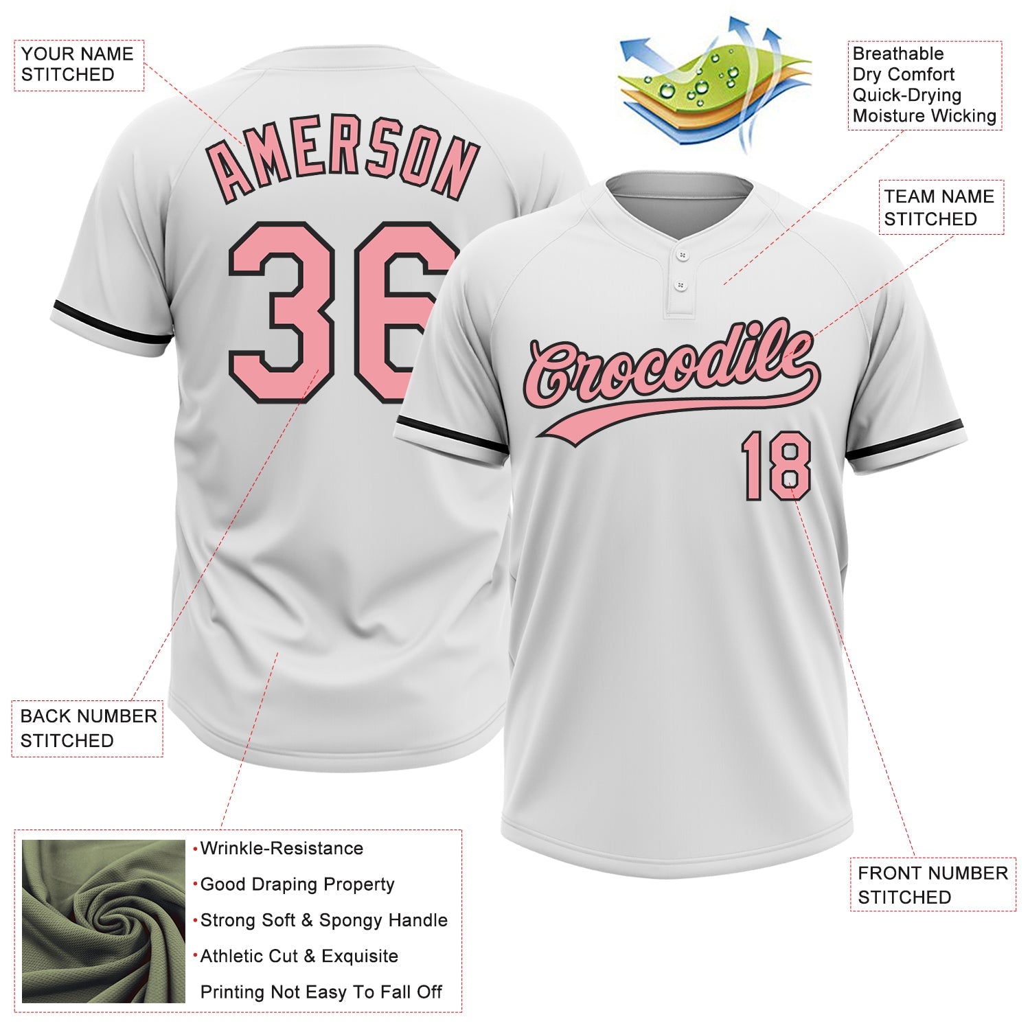 Custom White Medium Pink-Black Two-Button Unisex Softball Jersey view 3