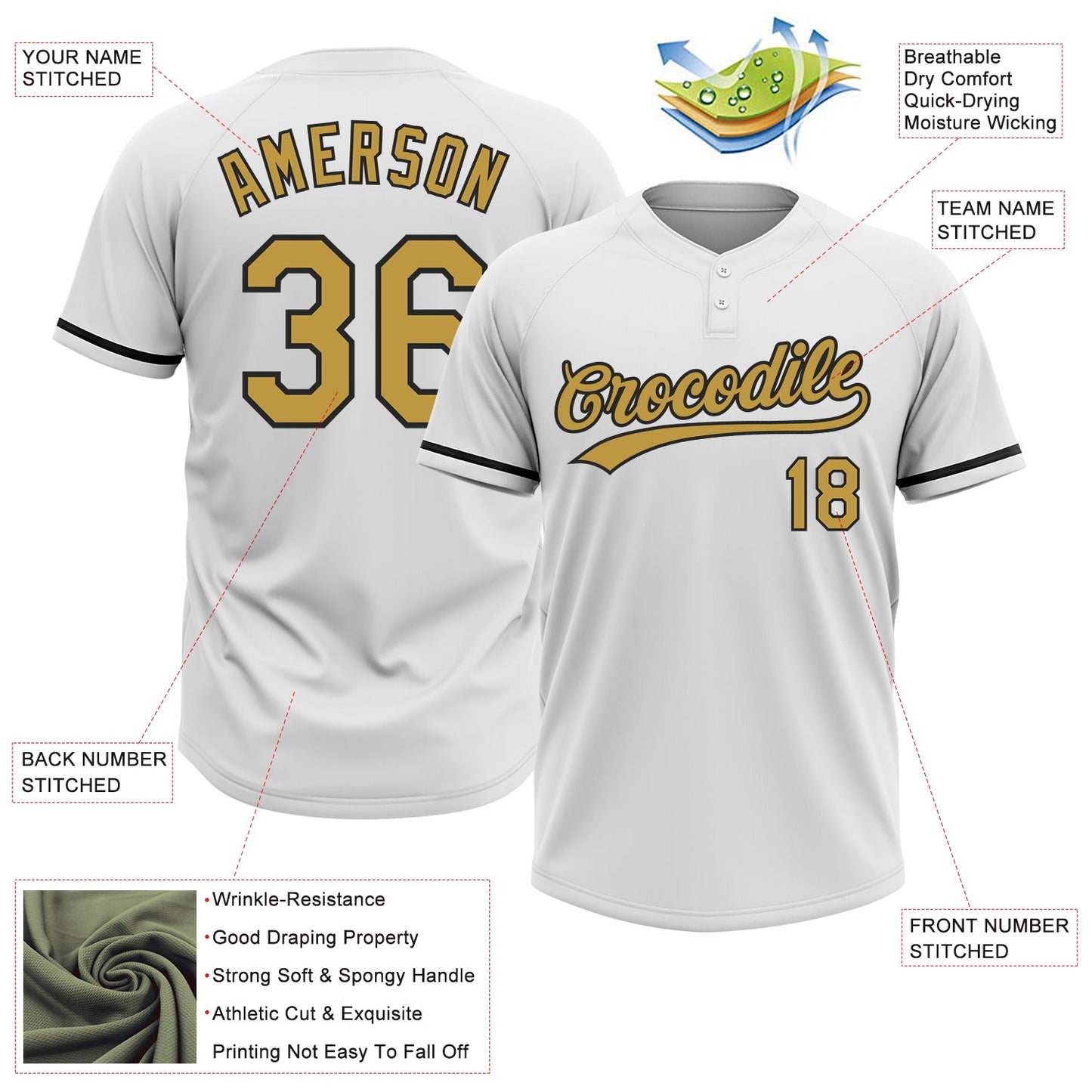 Custom White Old Gold-Black Two-Button Unisex Softball Jersey view 3