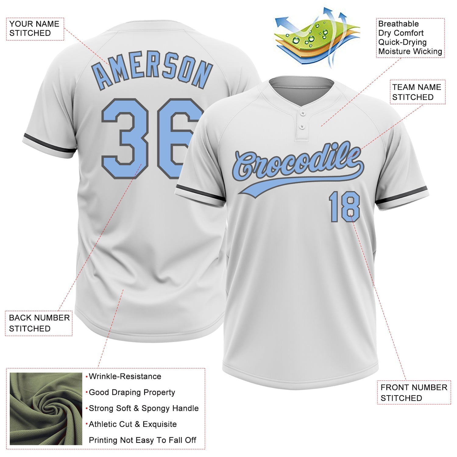 Custom White Light Blue-Steel Gray Two-Button Unisex Softball Jersey view 3