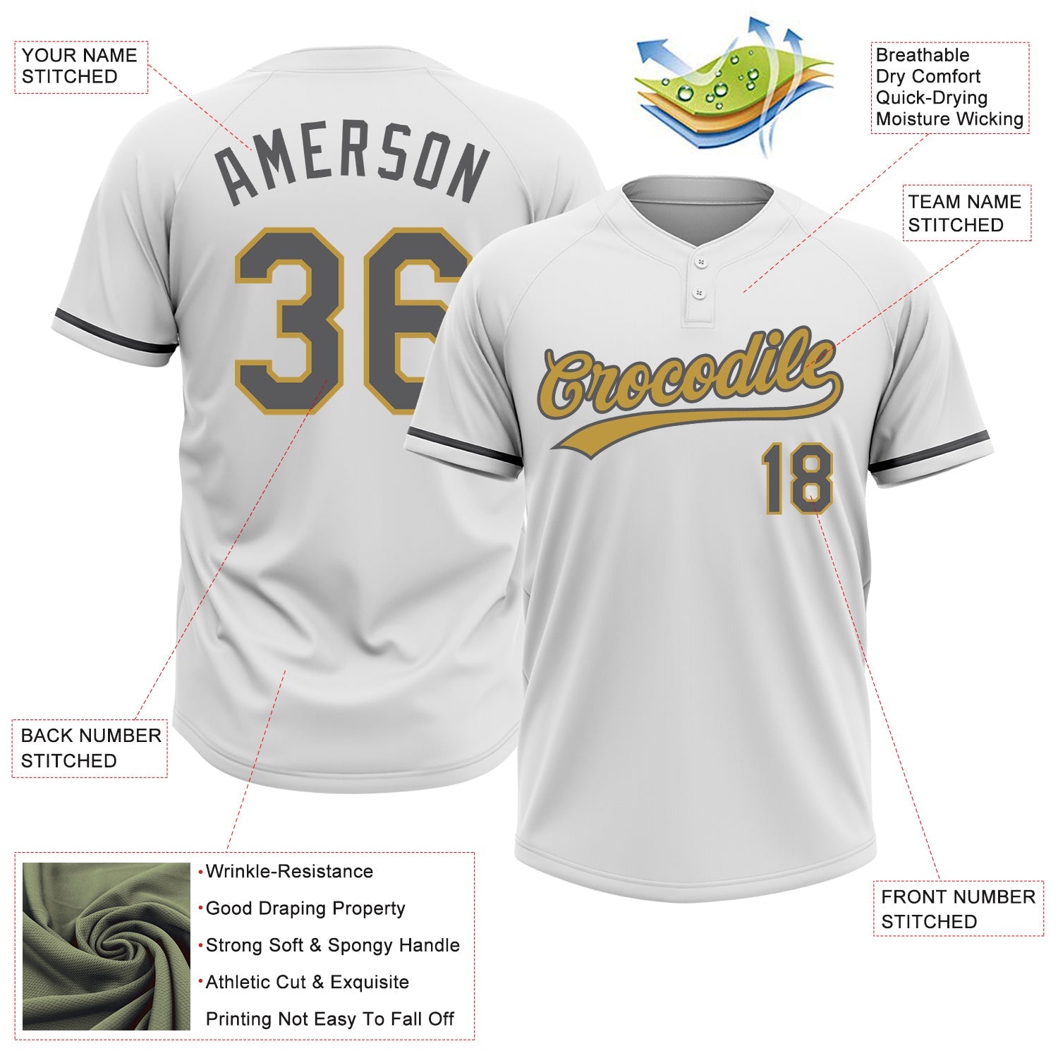 Custom White Steel Gray-Old Gold Two-Button Unisex Softball Jersey view 3