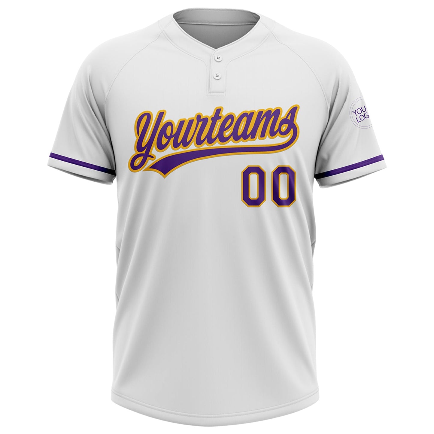 Custom White Purple-Gold Two-Button Unisex Softball Jersey view 2