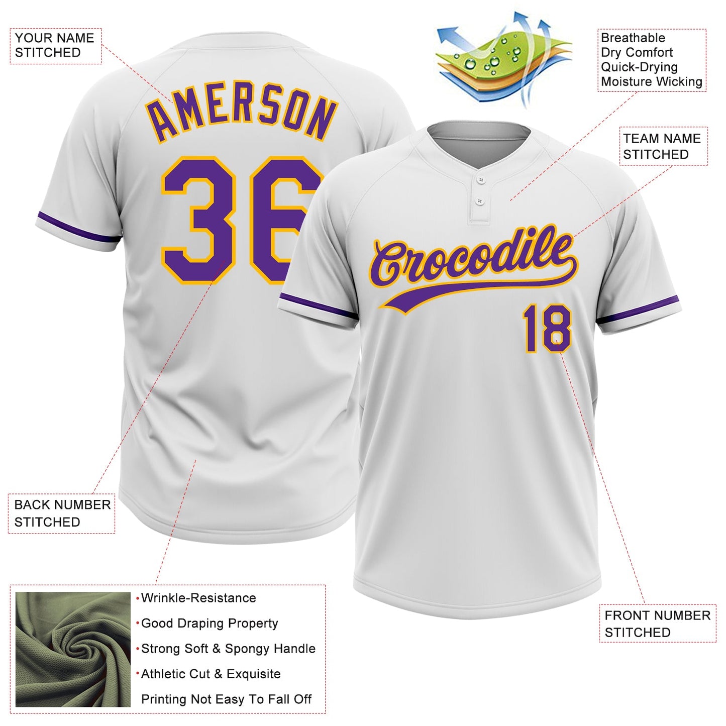 Custom White Purple-Gold Two-Button Unisex Softball Jersey view 3