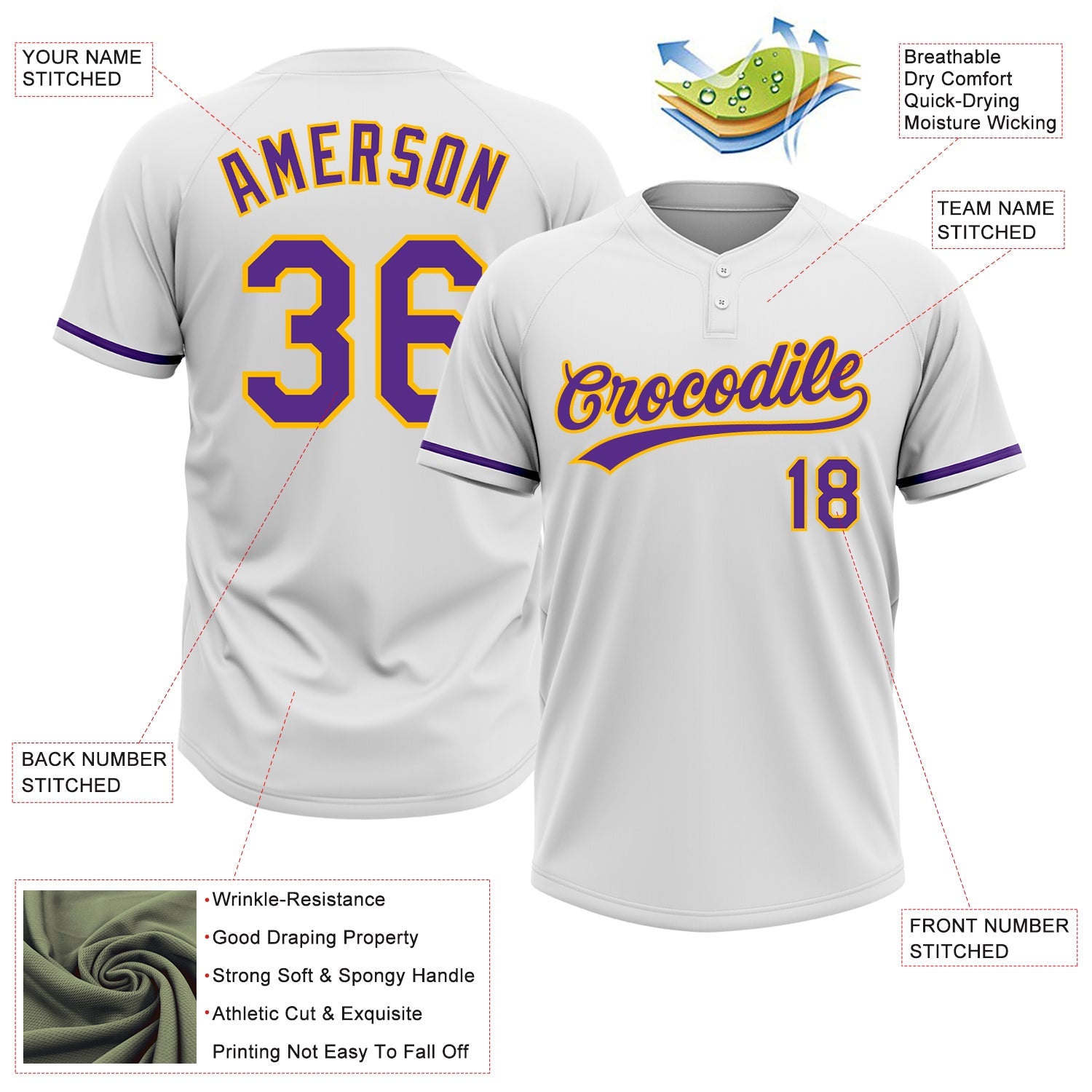 Custom White Purple-Gold Two-Button Unisex Softball Jersey view 3