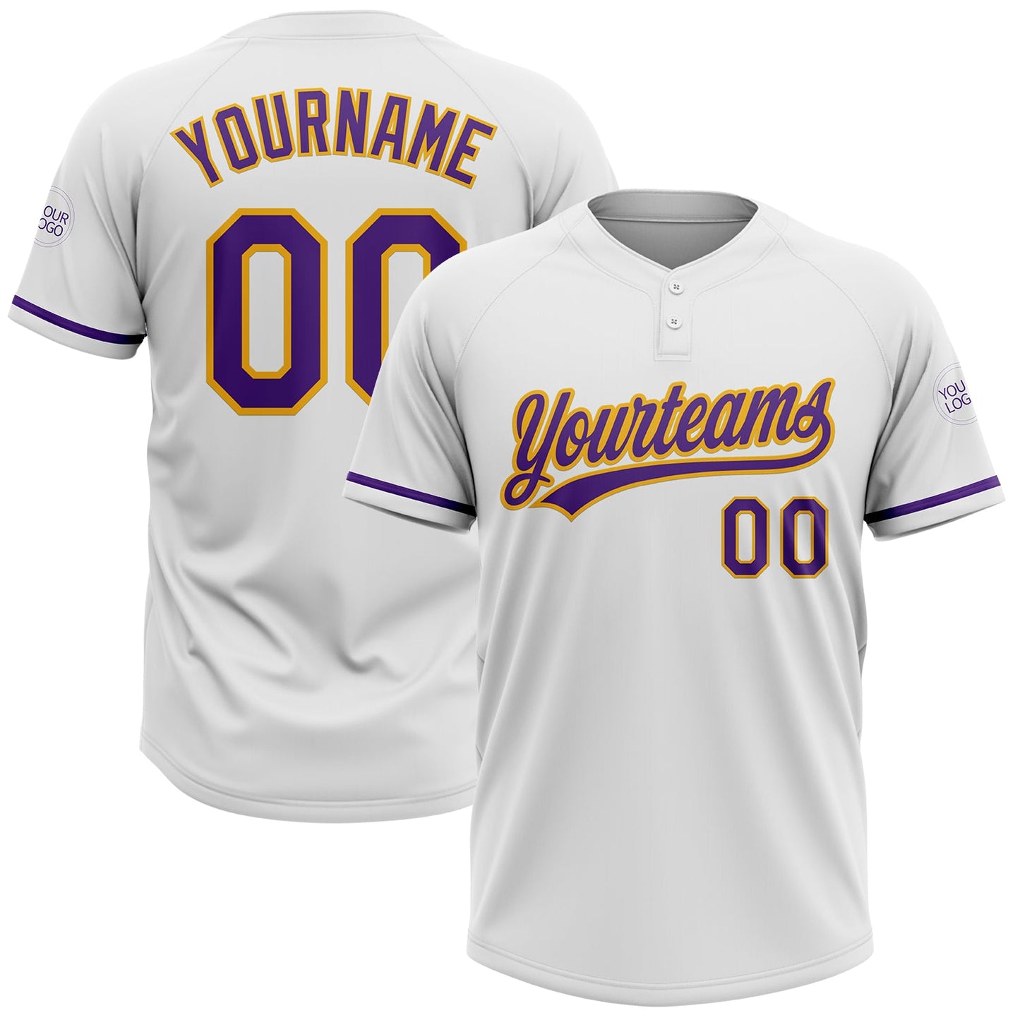 Custom White Purple-Gold Two-Button Unisex Softball Jersey - Main View