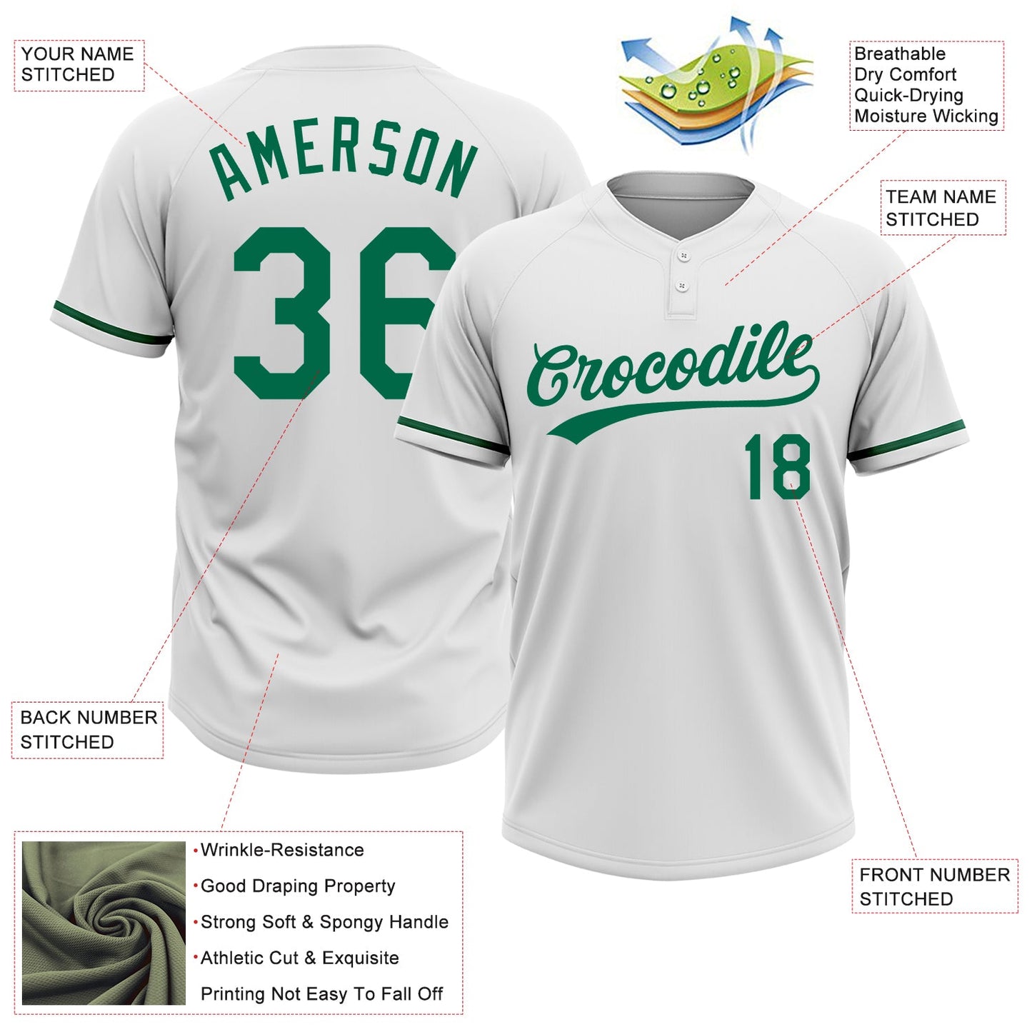 Custom White Kelly Green Two-Button Unisex Softball Jersey view 3