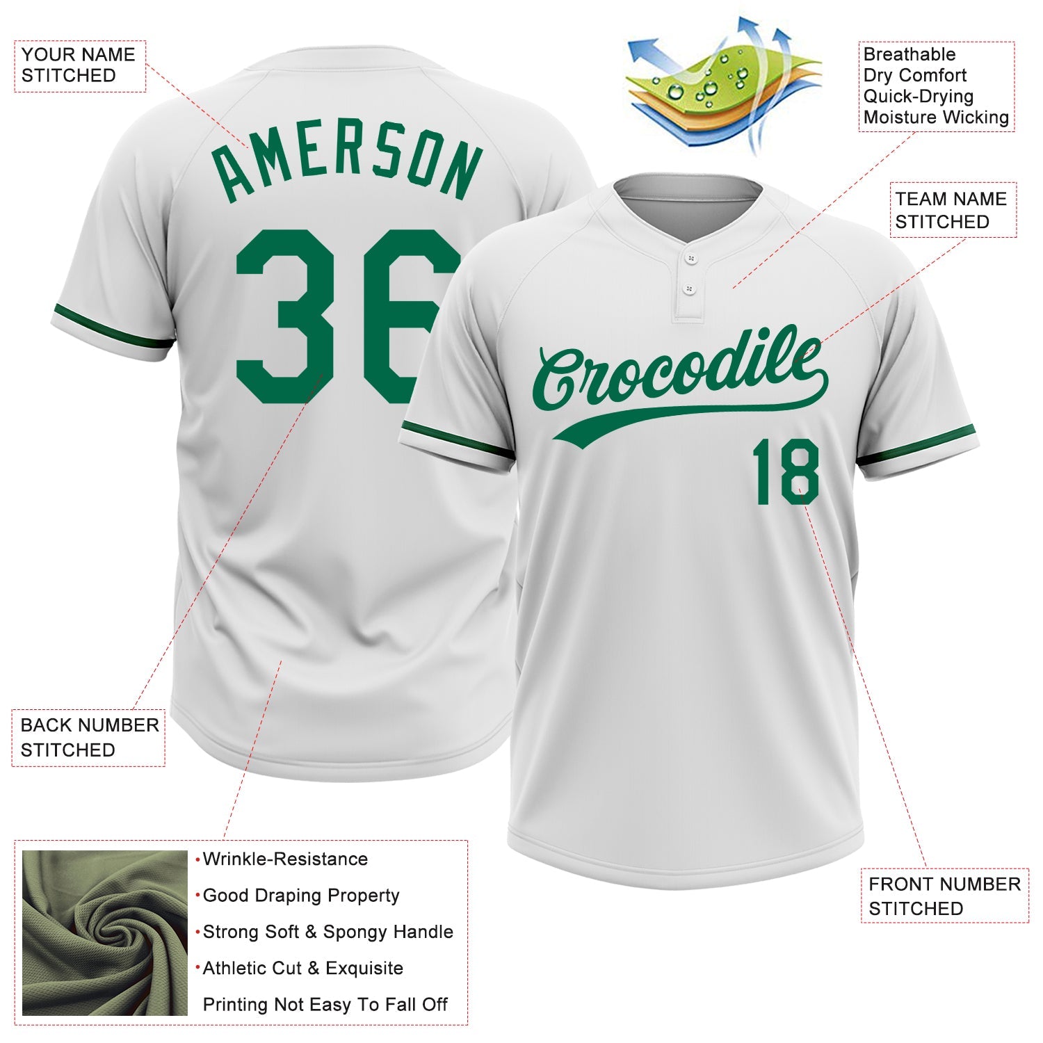 Custom White Kelly Green Two-Button Unisex Softball Jersey view 3