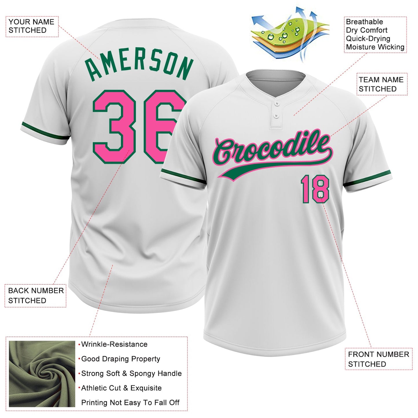 Custom White Pink-Kelly Green Two-Button Unisex Softball Jersey view 3