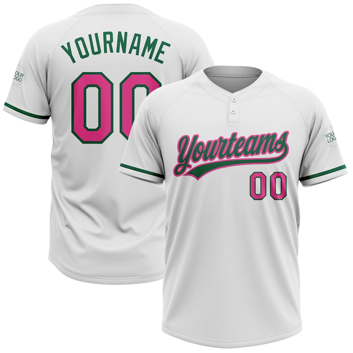 Custom White Pink-Kelly Green Two-Button Unisex Softball Jersey - Main View