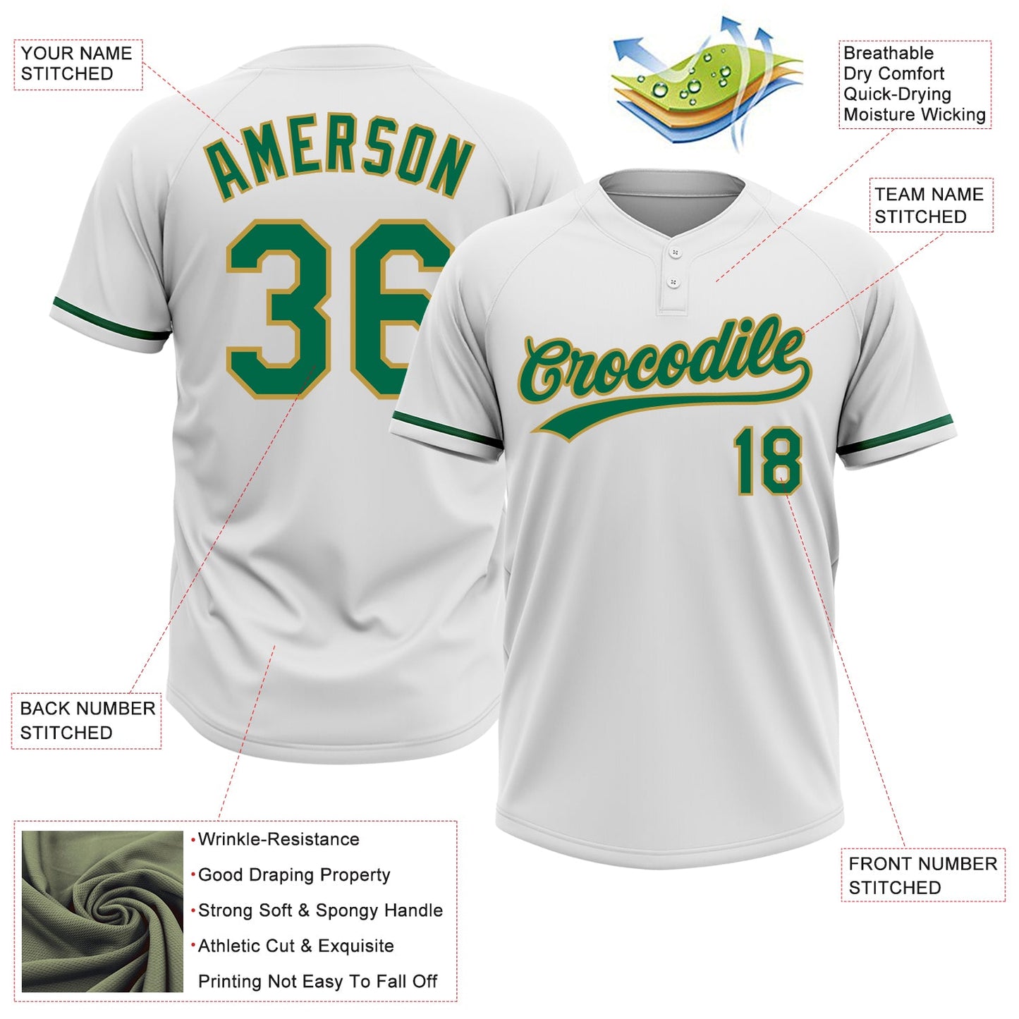 Custom White Kelly Green-Old Gold Two-Button Unisex Softball Jersey view 3
