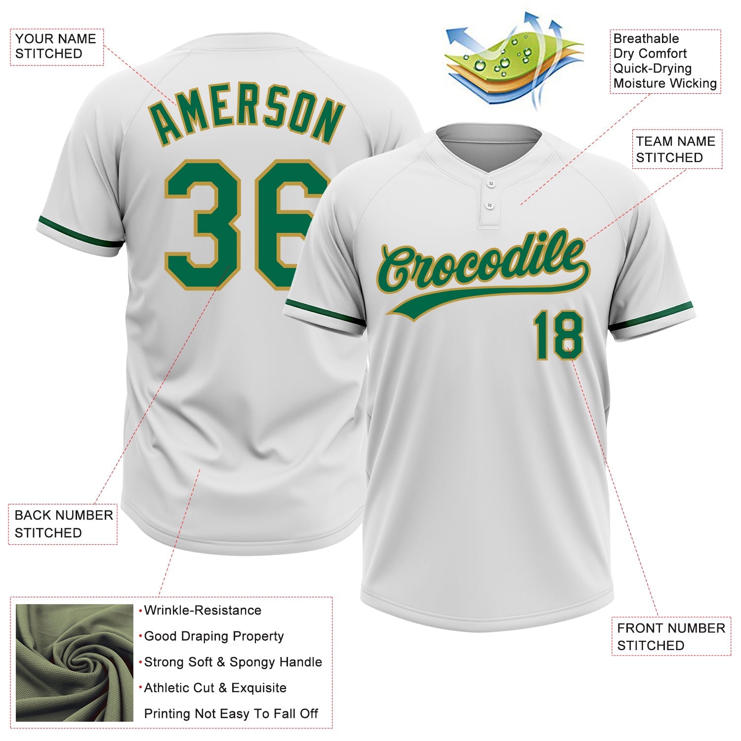 Custom White Kelly Green-Old Gold Two-Button Unisex Softball Jersey view 3