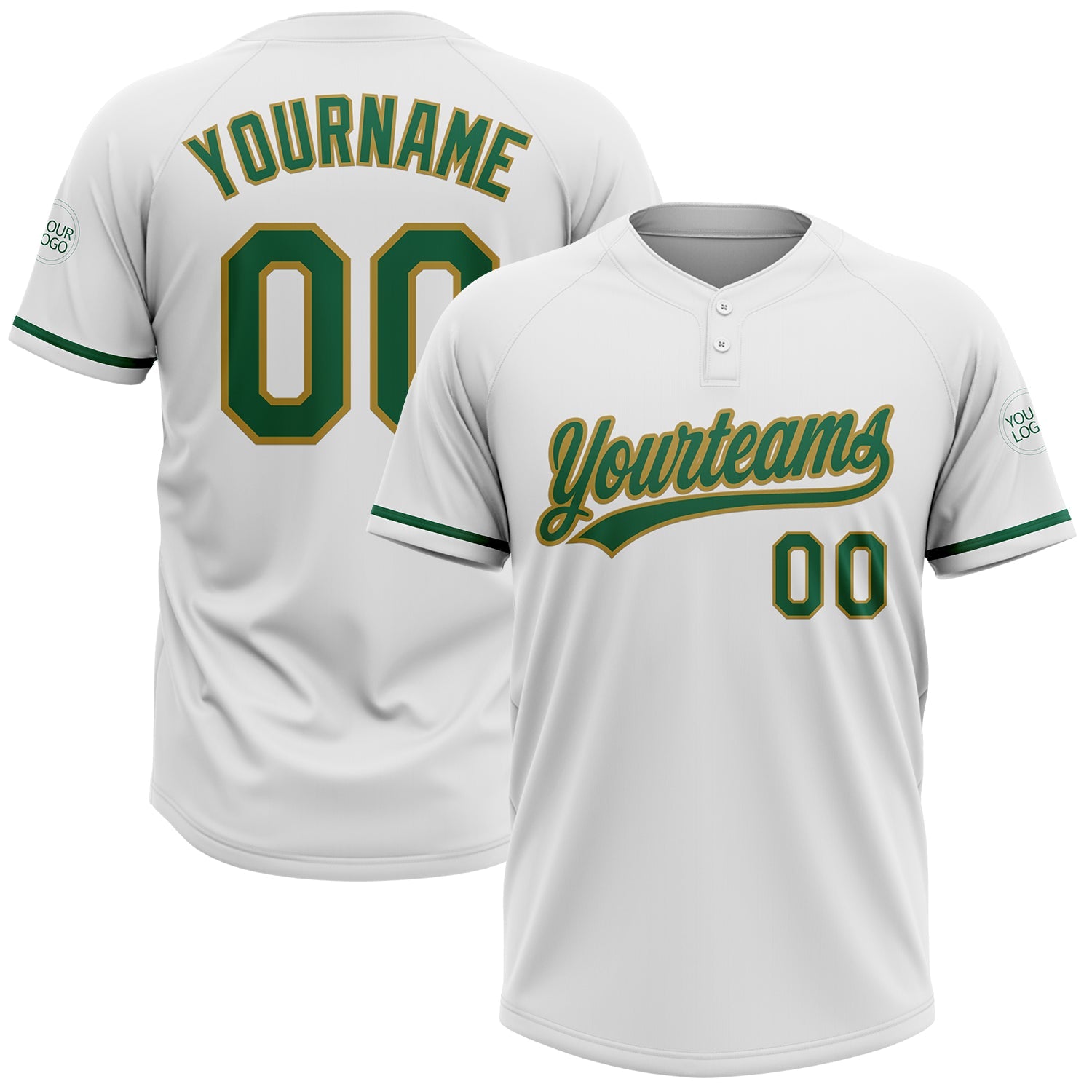 Custom White Kelly Green-Old Gold Two-Button Unisex Softball Jersey - Main View