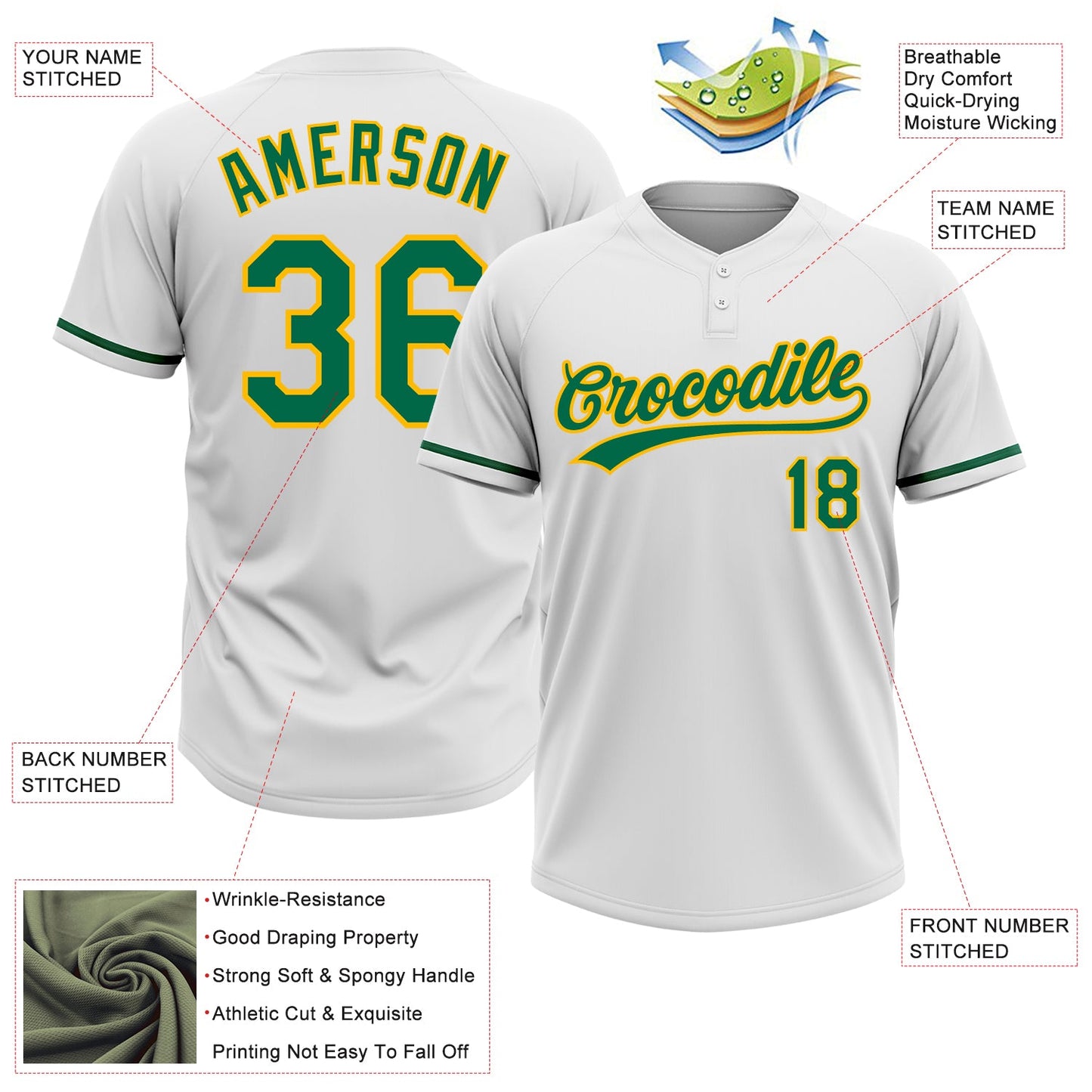 Custom White Kelly Green-Gold Two-Button Unisex Softball Jersey view 3