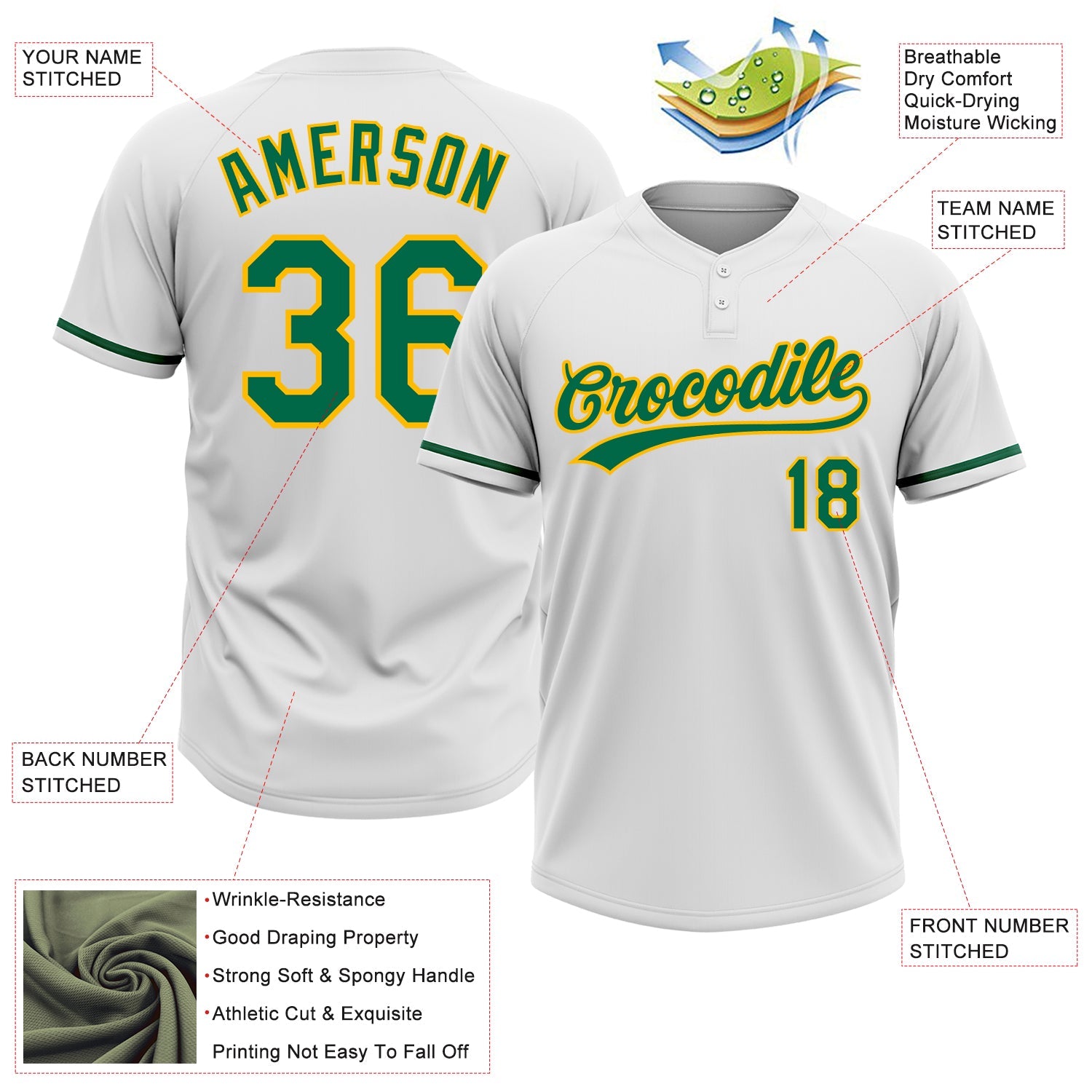 Custom White Kelly Green-Gold Two-Button Unisex Softball Jersey view 3