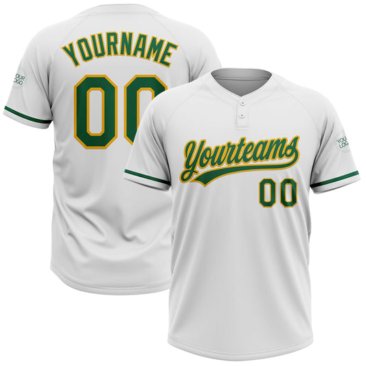 Custom White Kelly Green-Gold Two-Button Unisex Softball Jersey - Main View