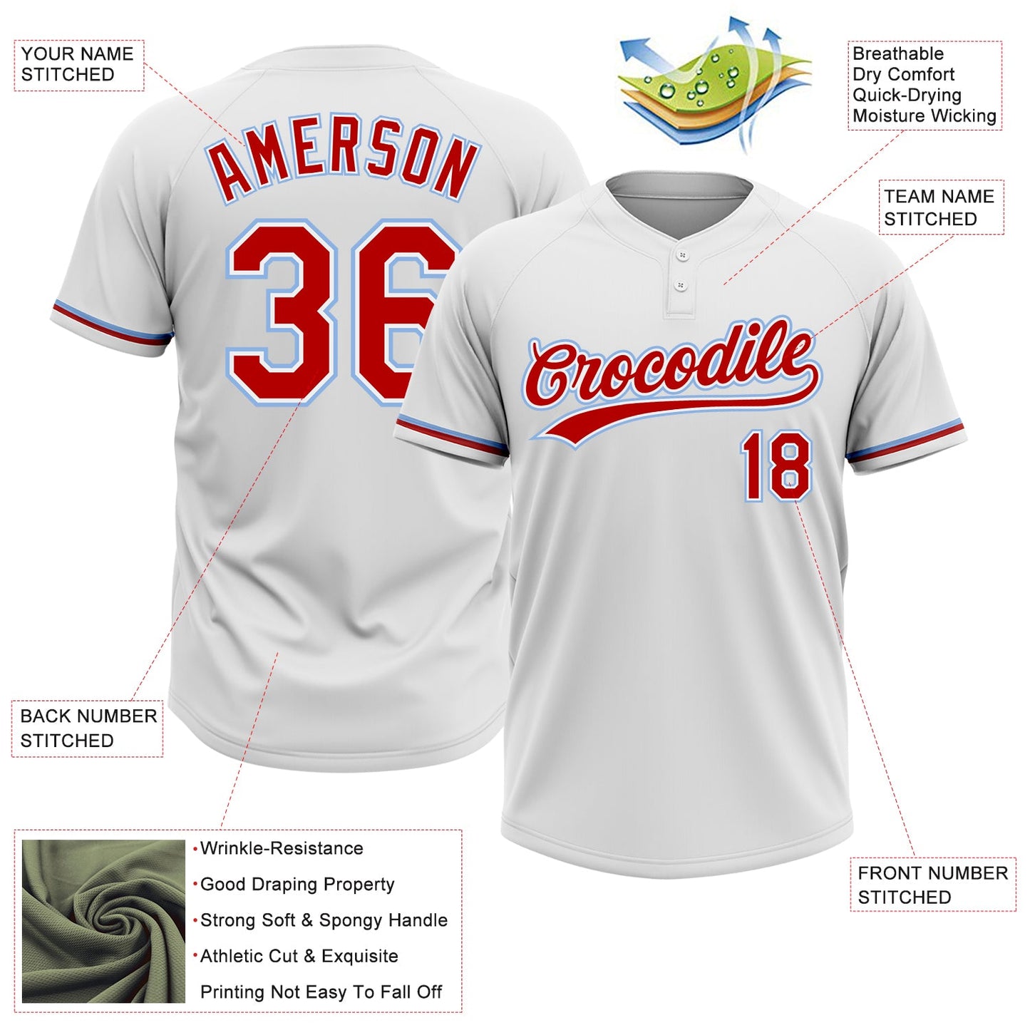 Custom White Red-Light Blue Two-Button Unisex Softball Jersey view 3