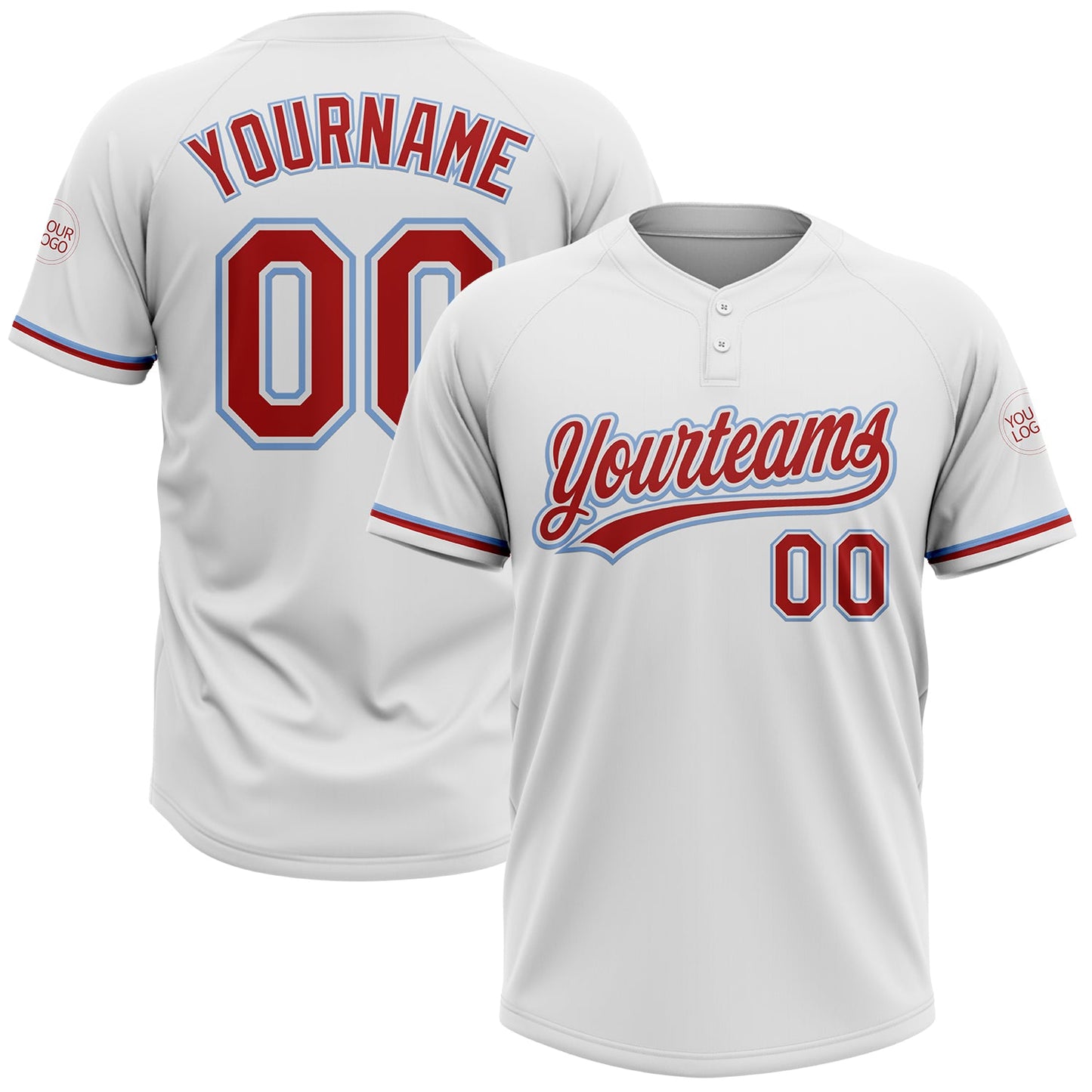 Custom White Red-Light Blue Two-Button Unisex Softball Jersey - Main View