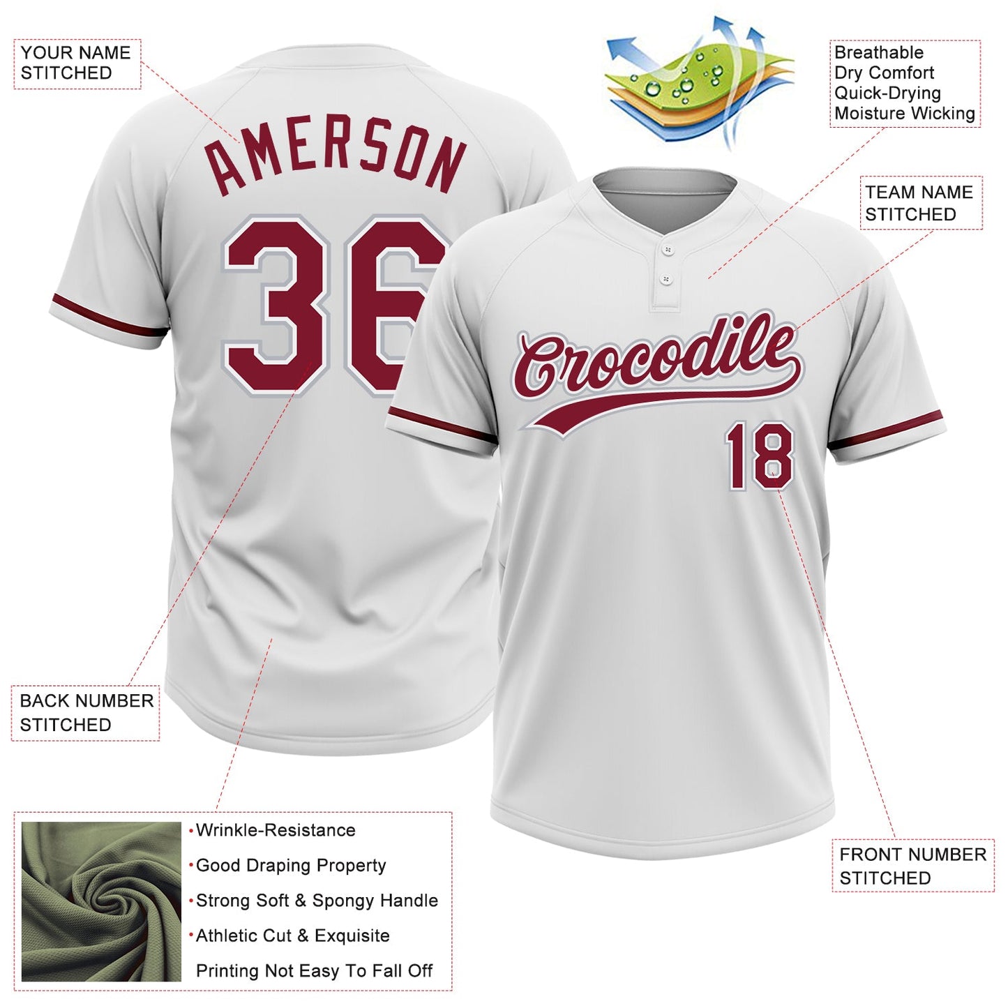 Custom White Crimson-Gray Two-Button Unisex Softball Jersey view 3