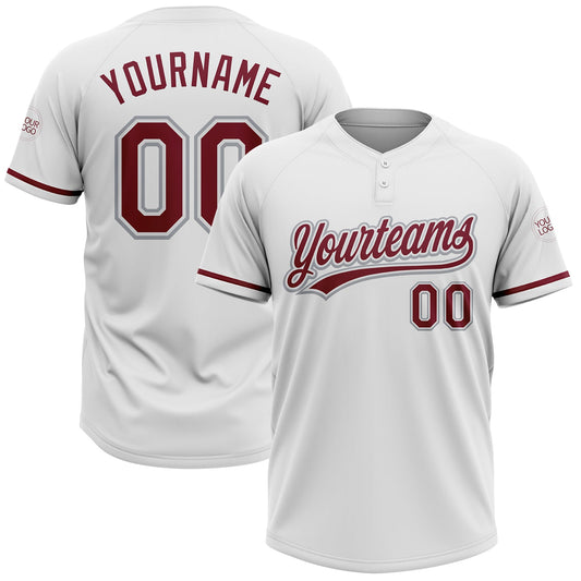 Custom White Crimson-Gray Two-Button Unisex Softball Jersey - Main View