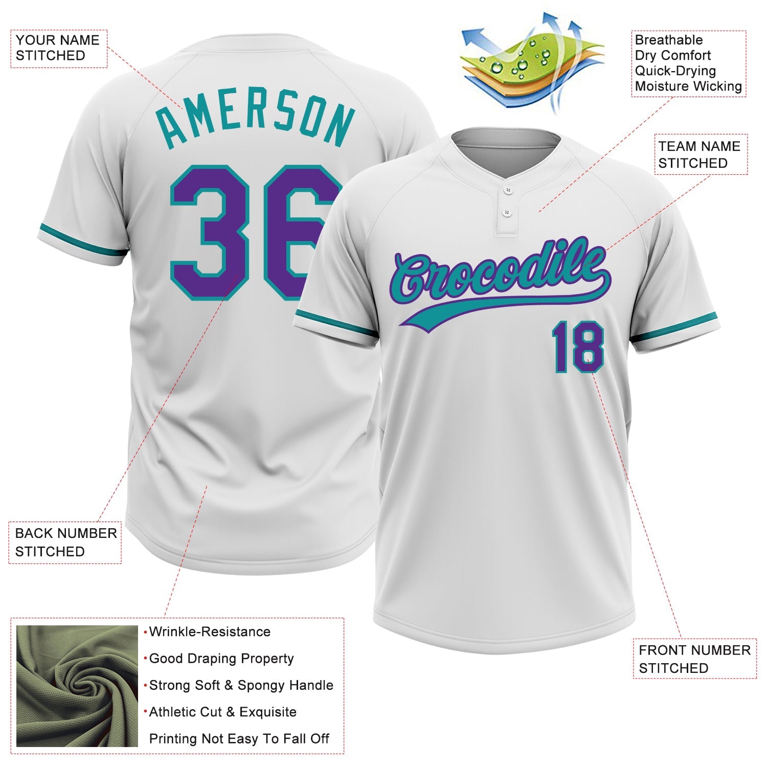 Custom White Purple-Teal Two-Button Unisex Softball Jersey view 3