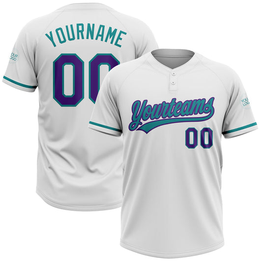 Custom White Purple-Teal Two-Button Unisex Softball Jersey - Main View