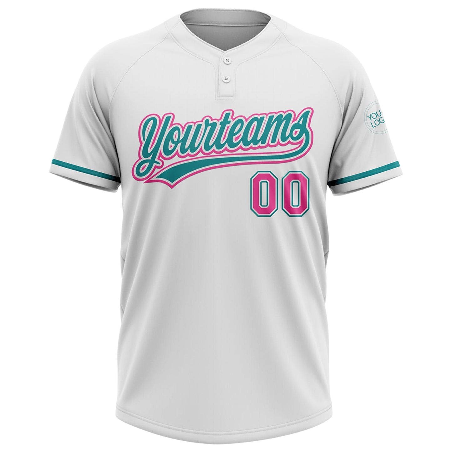 Custom White Pink-Teal Two-Button Unisex Softball Jersey view 2