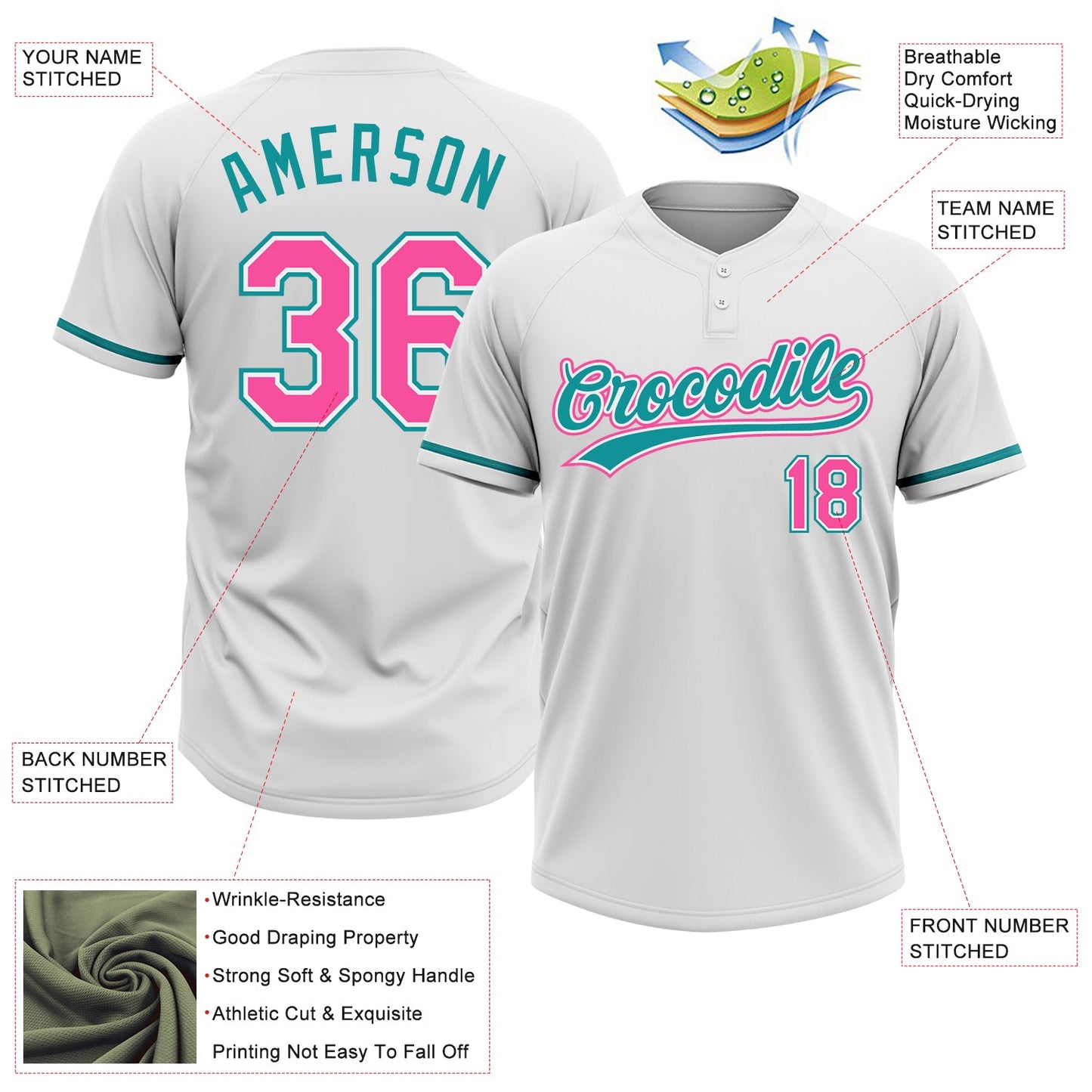Custom White Pink-Teal Two-Button Unisex Softball Jersey view 3
