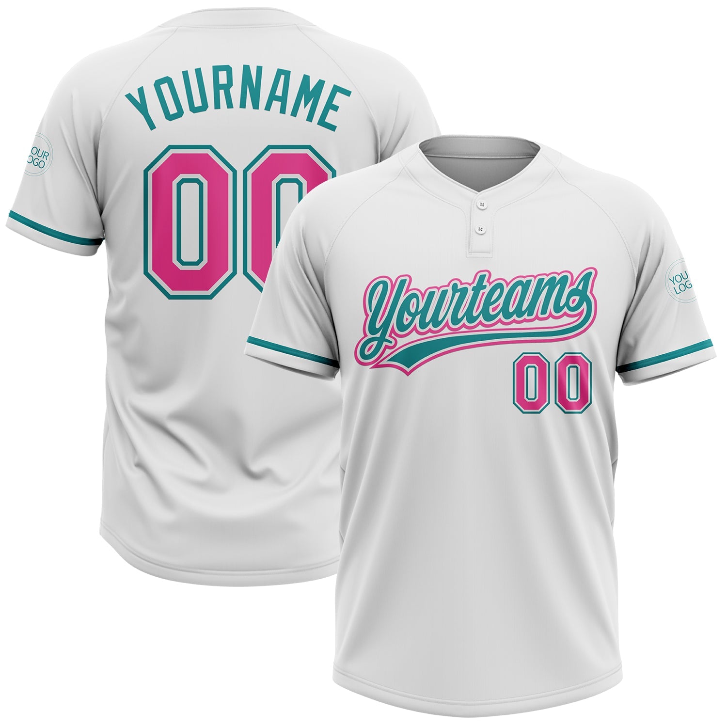 Custom White Pink-Teal Two-Button Unisex Softball Jersey - Main View