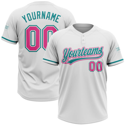 Custom White Pink-Teal Two-Button Unisex Softball Jersey - Main View