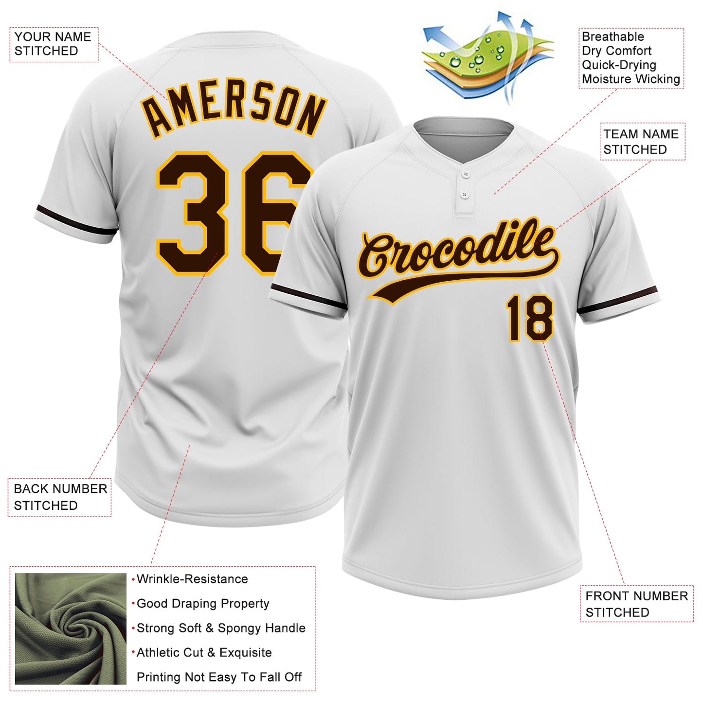 Custom White Brown-Gold Two-Button Unisex Softball Jersey view 3