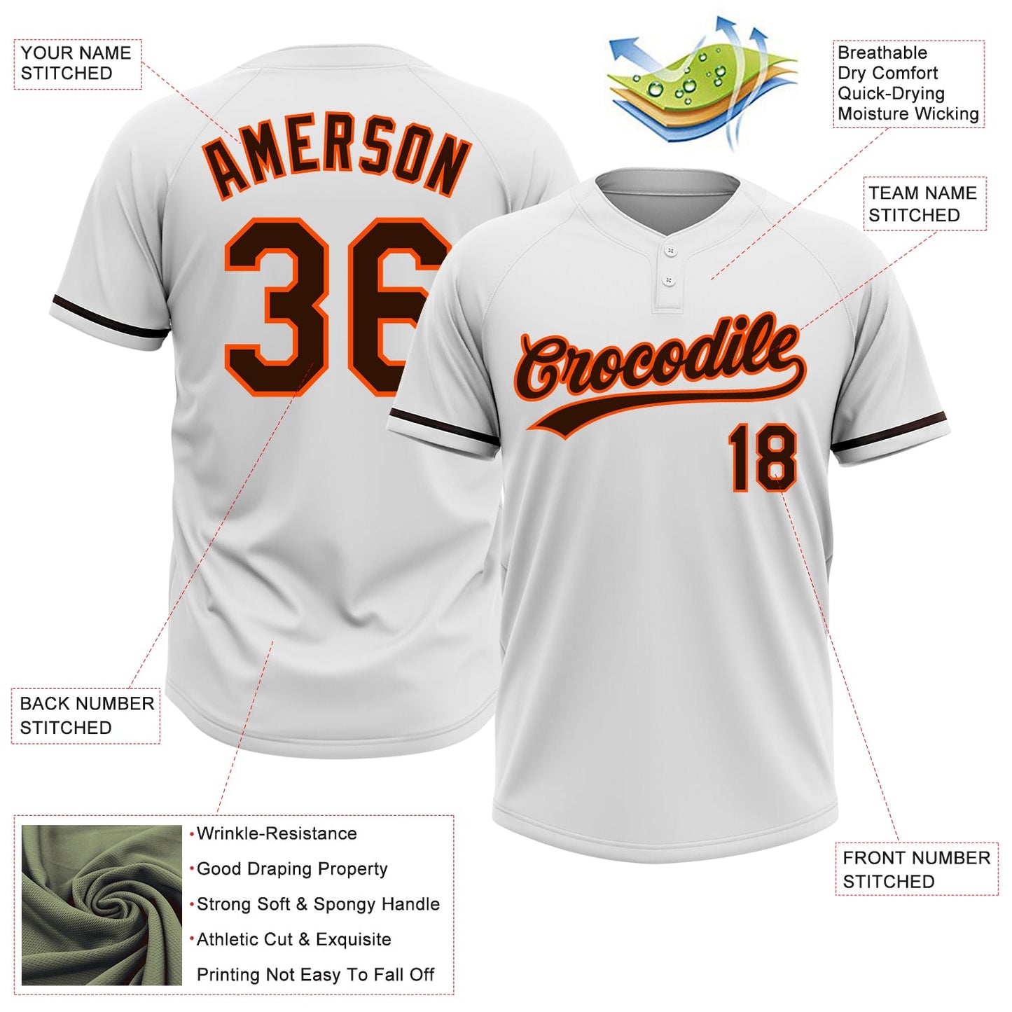 Custom White Brown-Orange Two-Button Unisex Softball Jersey view 3