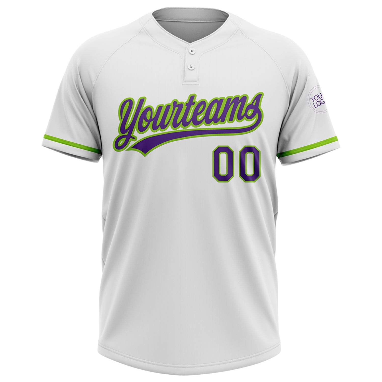 Custom White Purple-Neon Green Two-Button Unisex Softball Jersey view 2