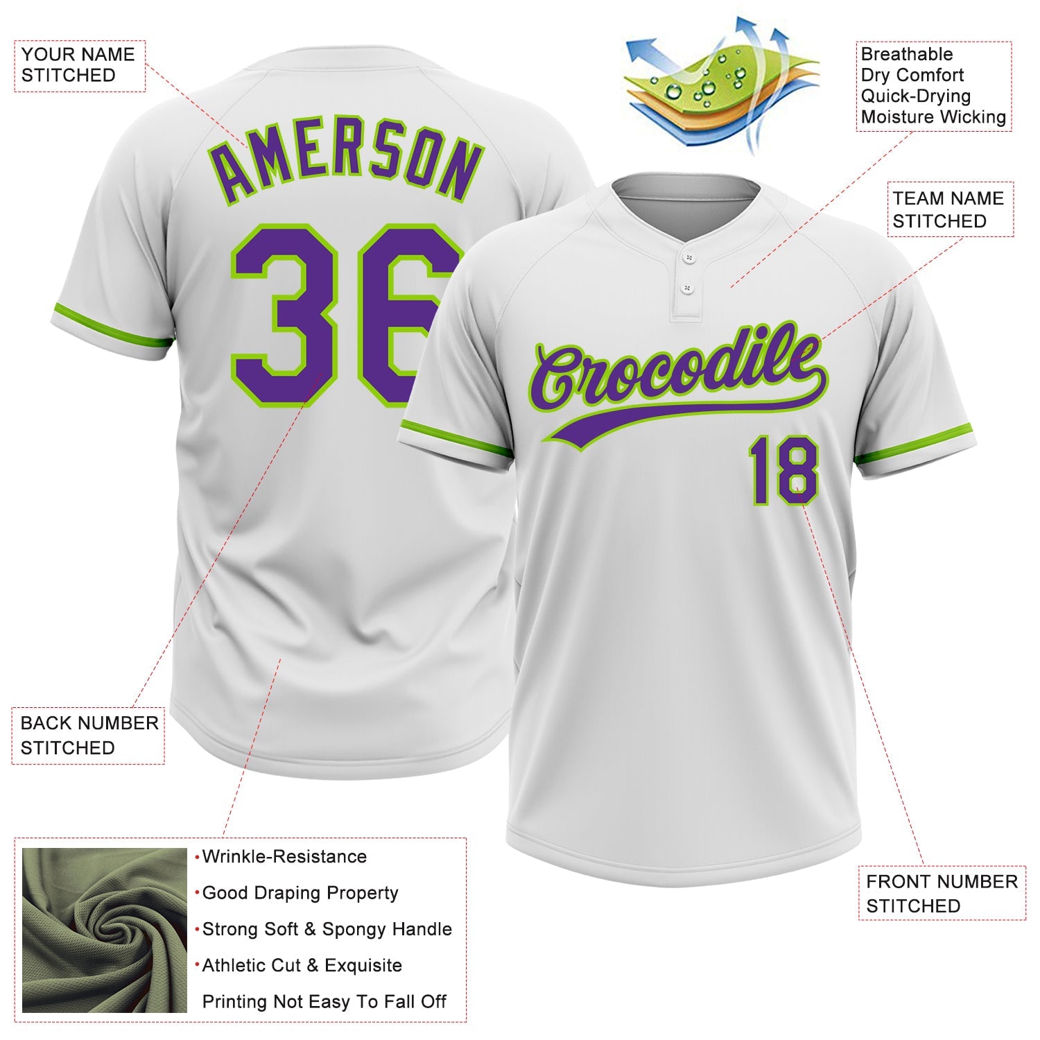 Custom White Purple-Neon Green Two-Button Unisex Softball Jersey view 3