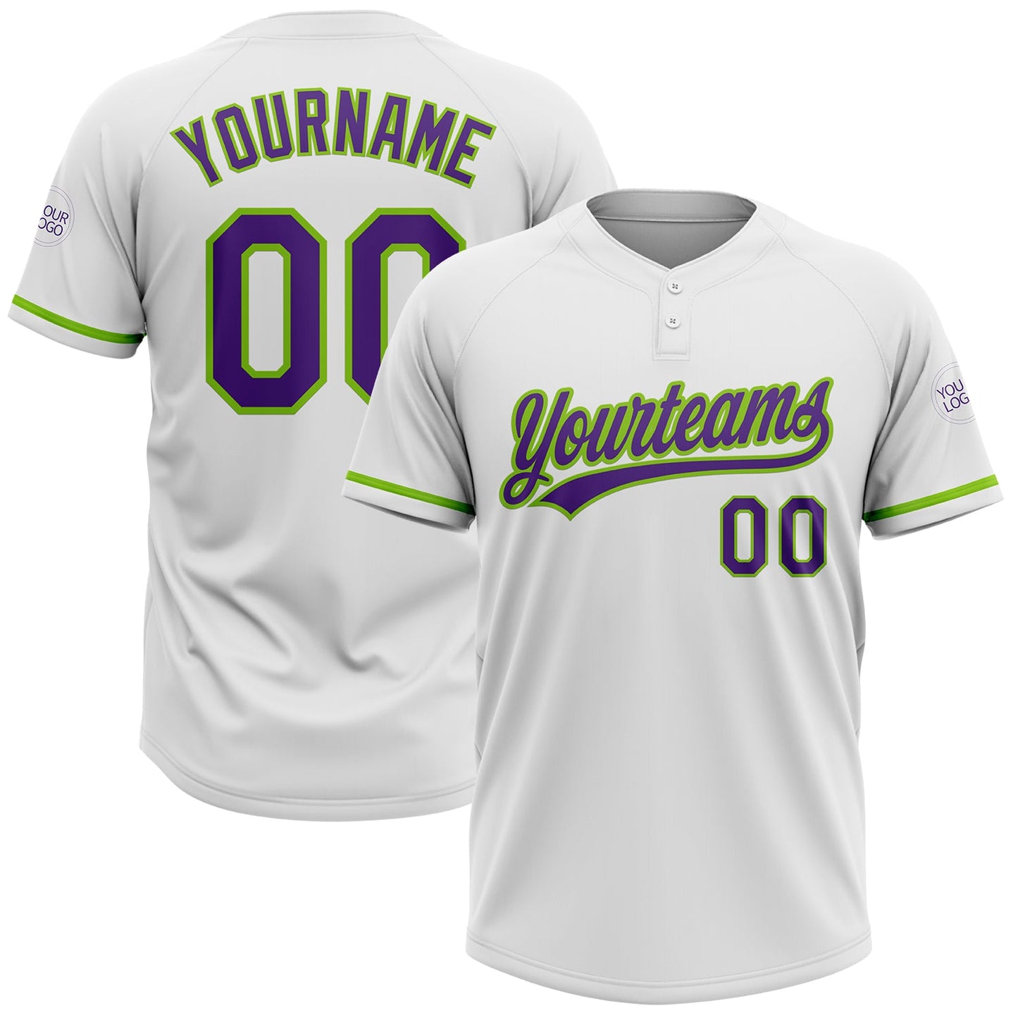 Custom White Purple-Neon Green Two-Button Unisex Softball Jersey - Main View
