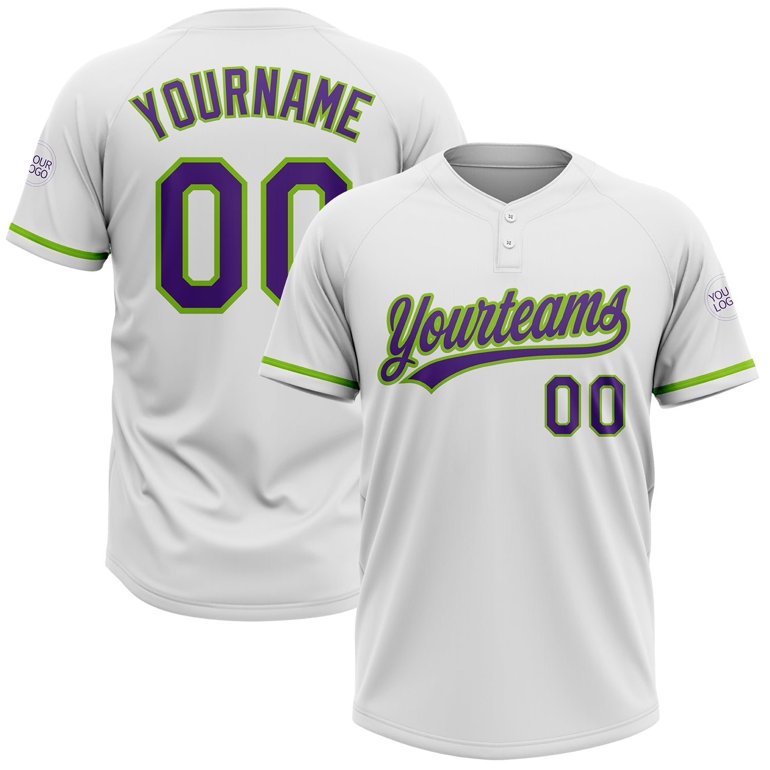 Custom White Purple-Neon Green Two-Button Unisex Softball Jersey - Main View
