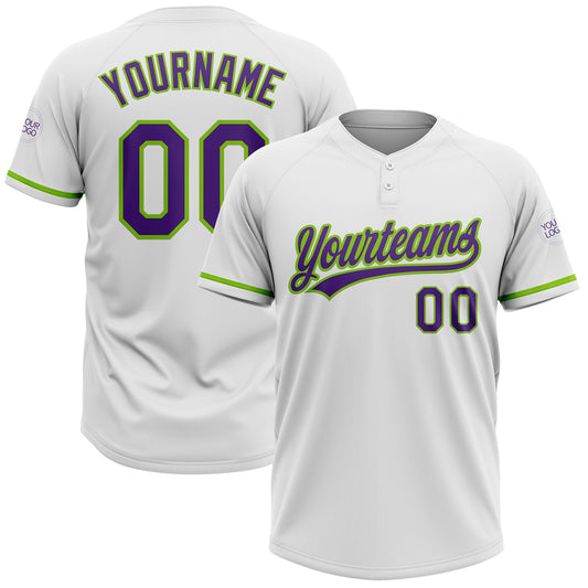 Custom White Purple-Neon Green Two-Button Unisex Softball Jersey - Main View