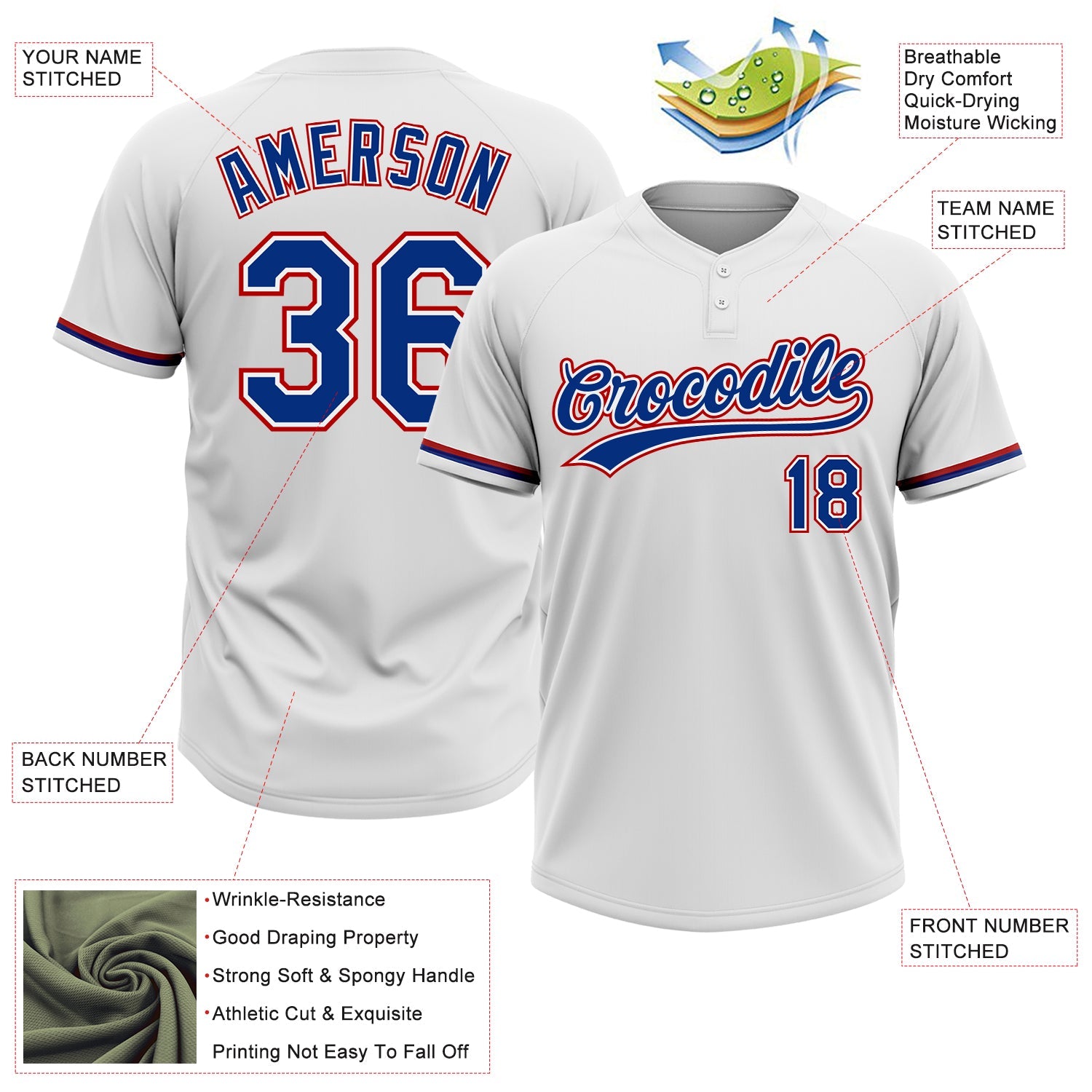 Custom White Royal-Red Two-Button Unisex Softball Jersey view 3