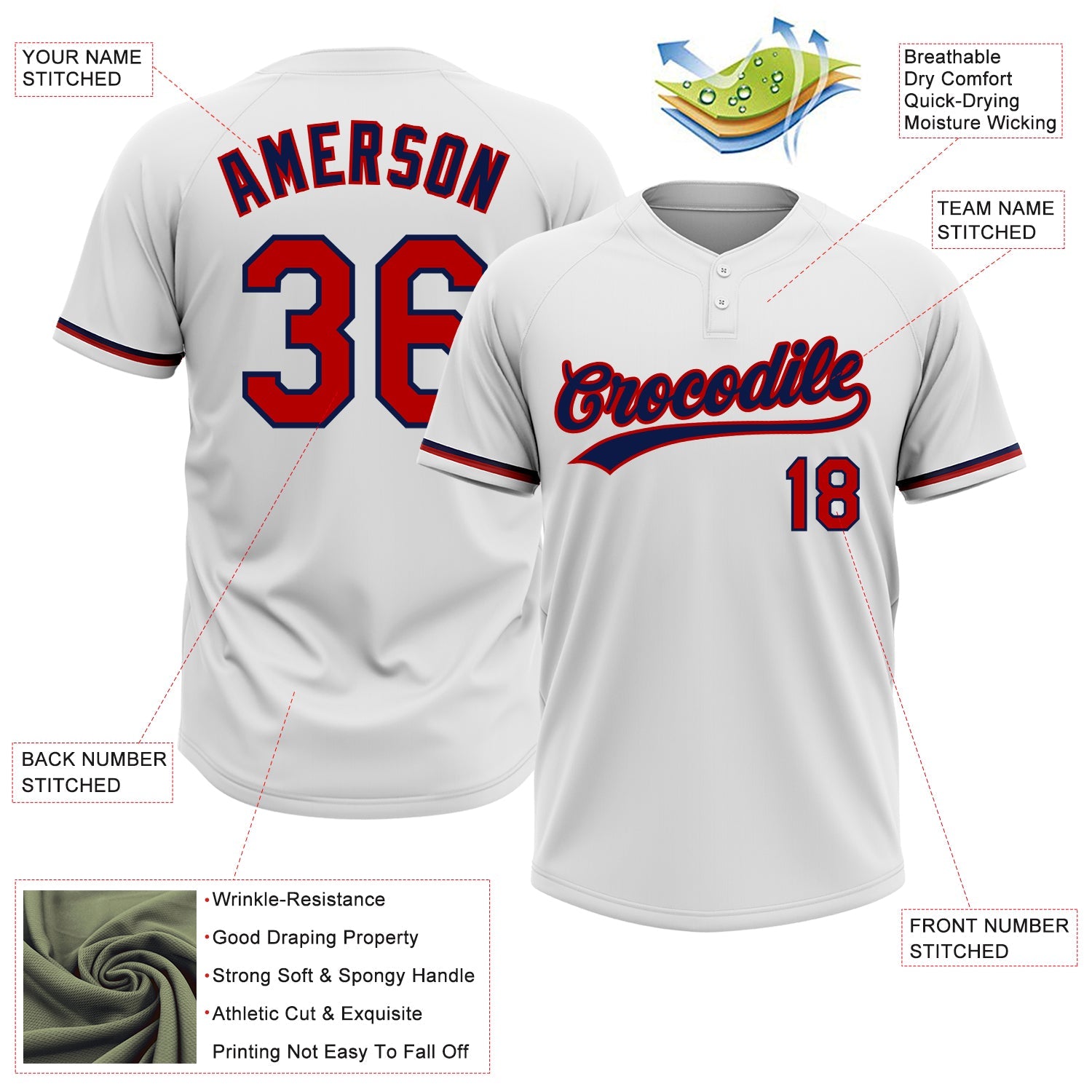 Custom White Red-Navy Two-Button Unisex Softball Jersey view 4