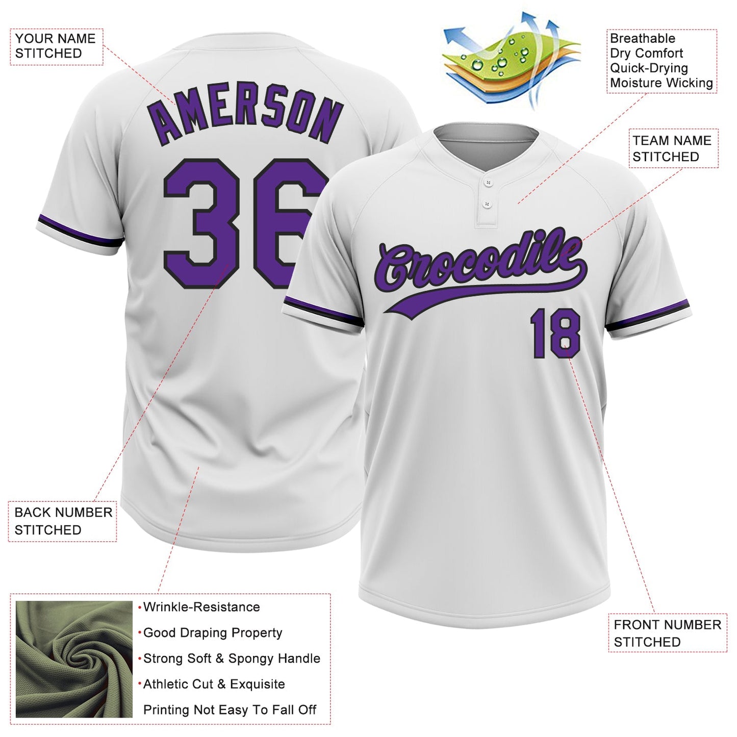 Custom White Purple-Black Two-Button Unisex Softball Jersey view 3