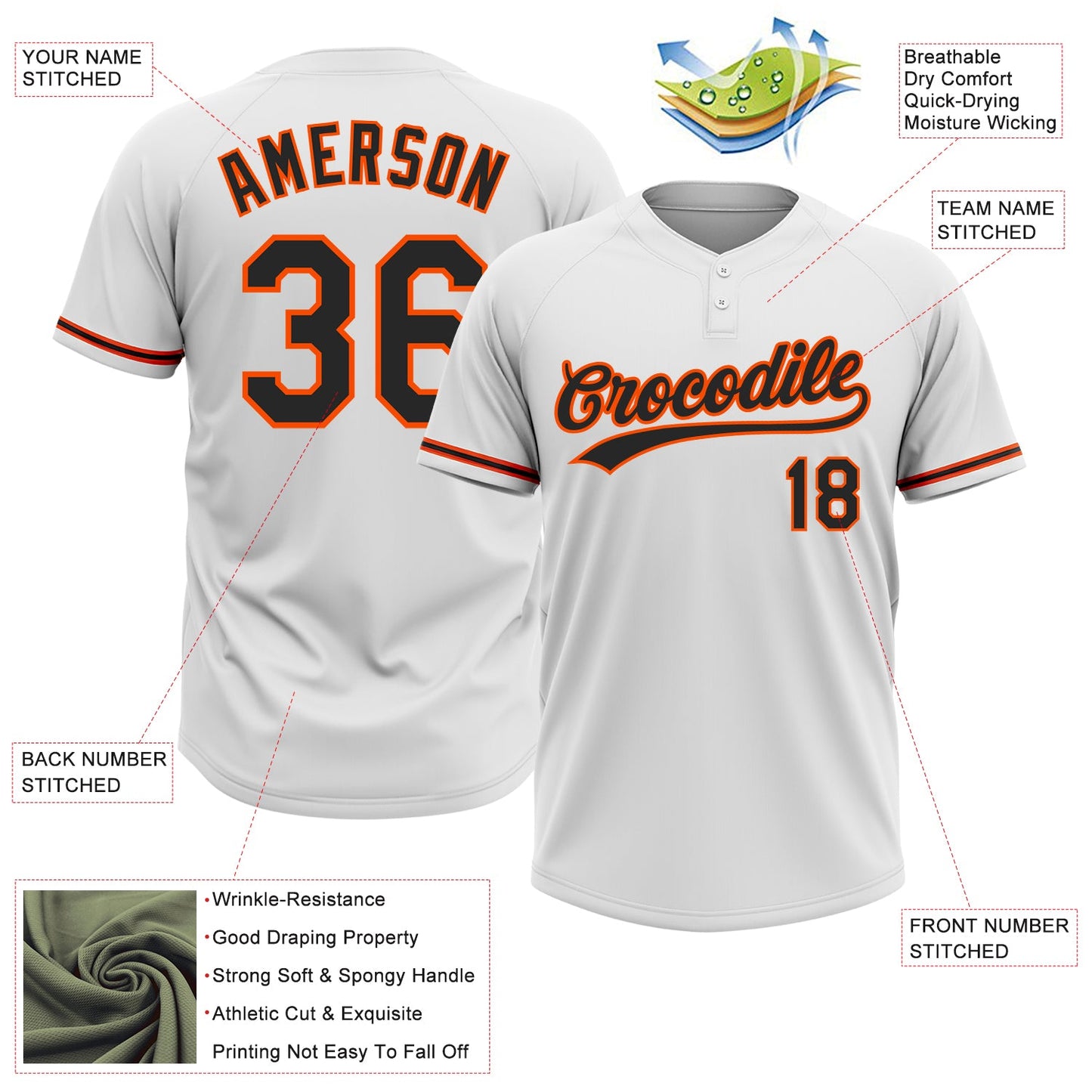 Custom White Black-Orange Two-Button Unisex Softball Jersey view 3