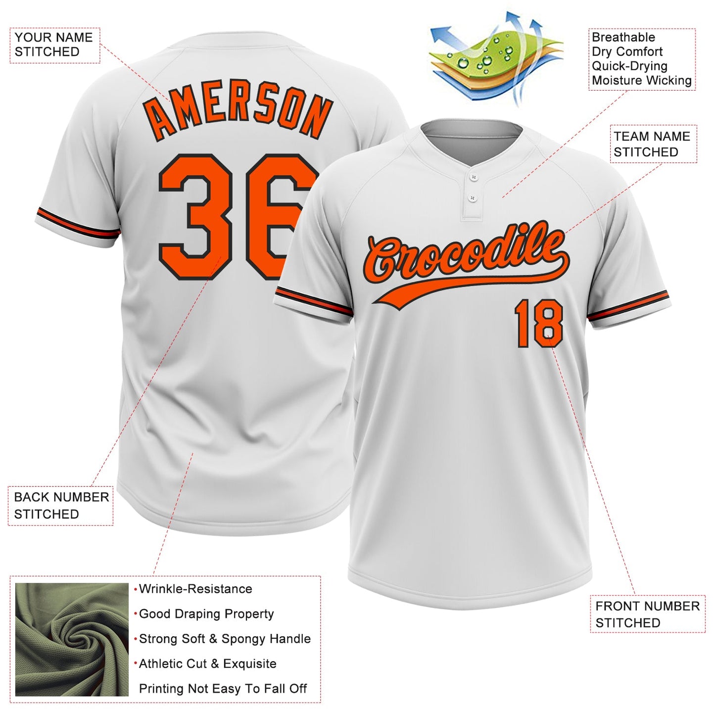 Custom White Orange-Black Two-Button Unisex Softball Jersey view 3