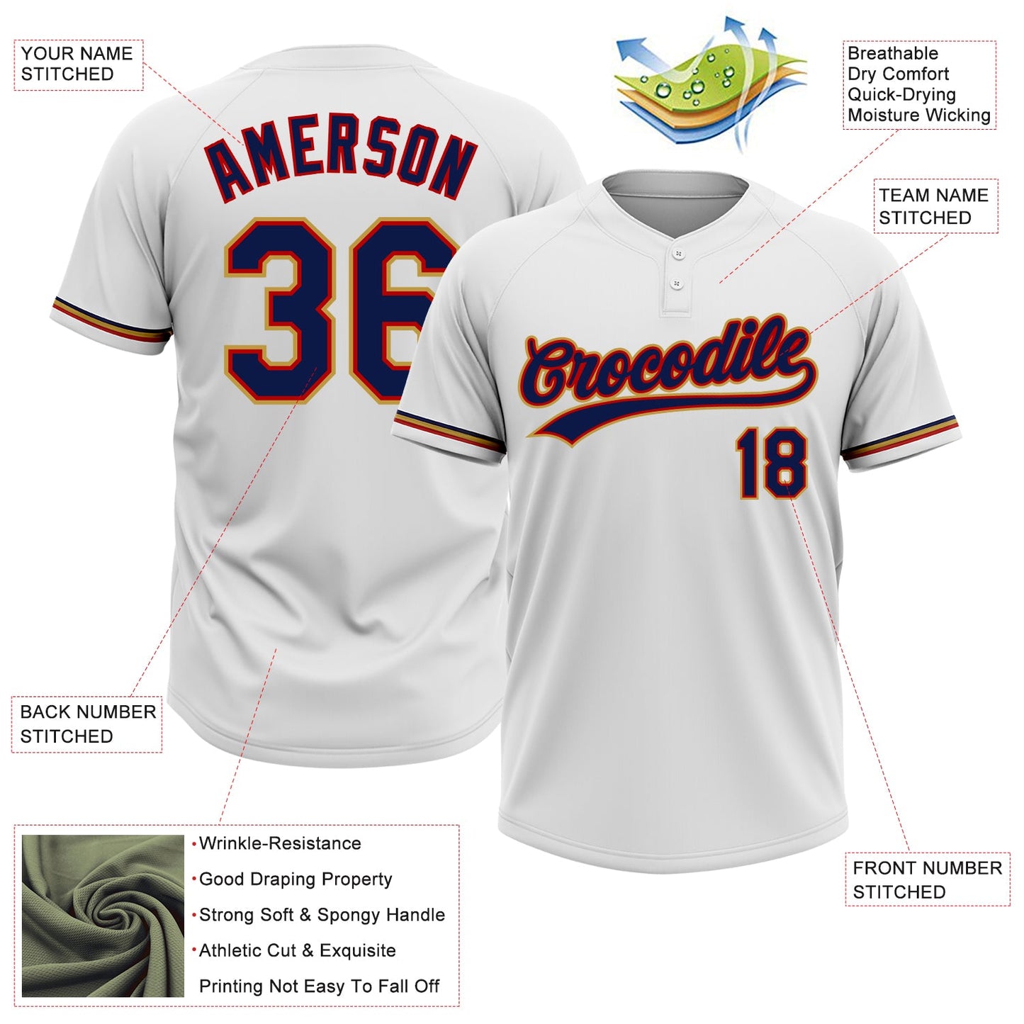 Custom White Navy Red-Old Gold Two-Button Unisex Softball Jersey view 3
