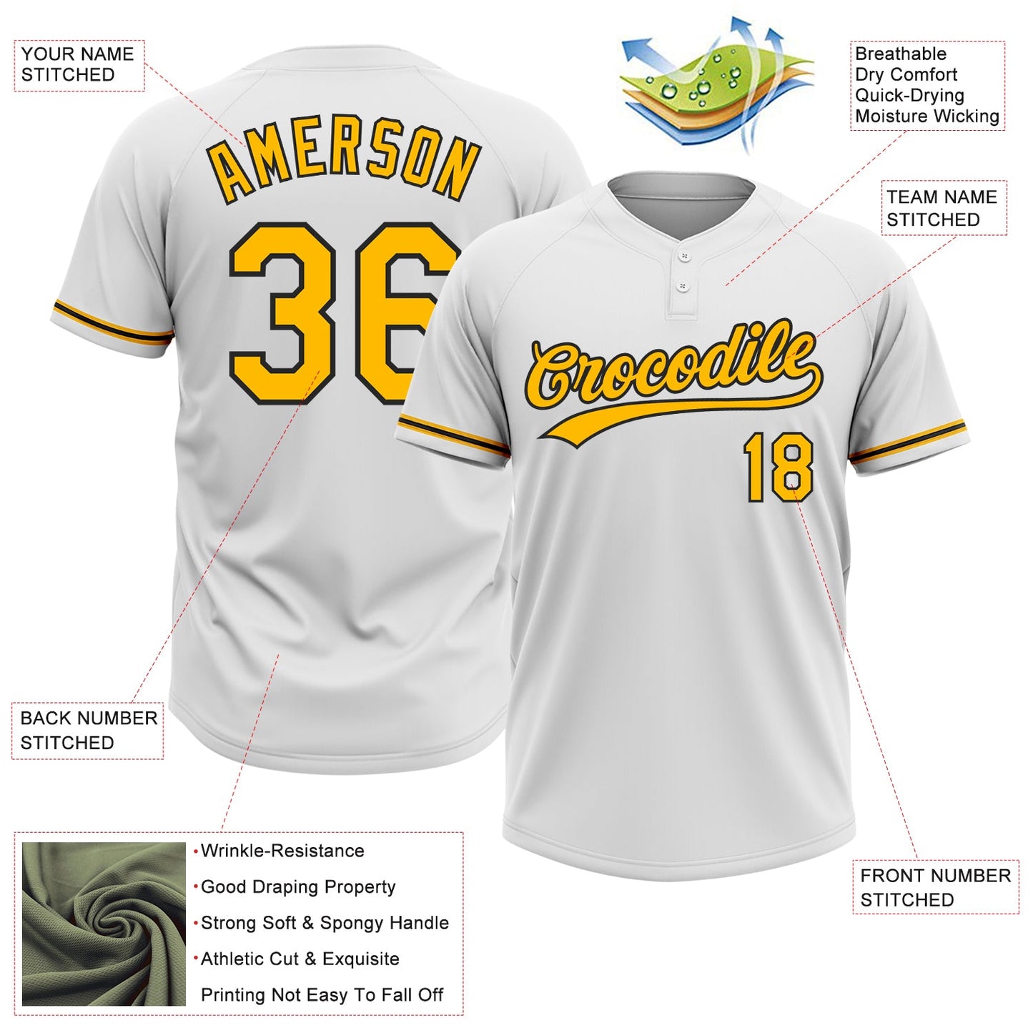 Custom White Gold-Black Two-Button Unisex Softball Jersey view 3